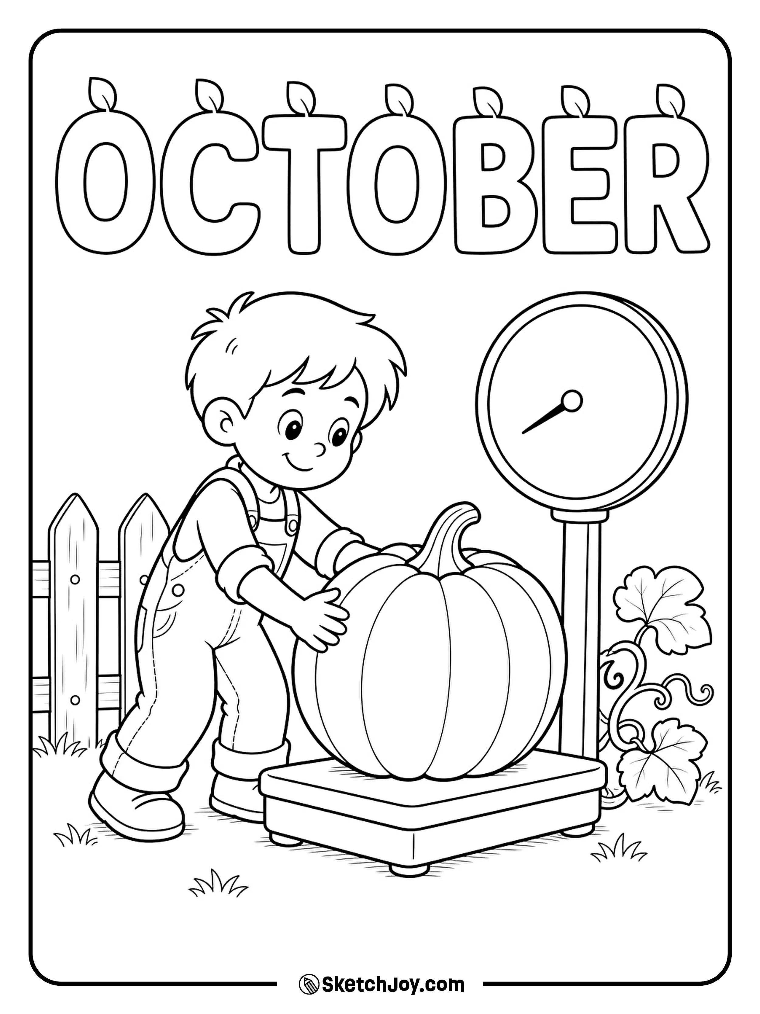 A child rolls a large pumpkin onto a scale at the edge of a small pumpkin patch.