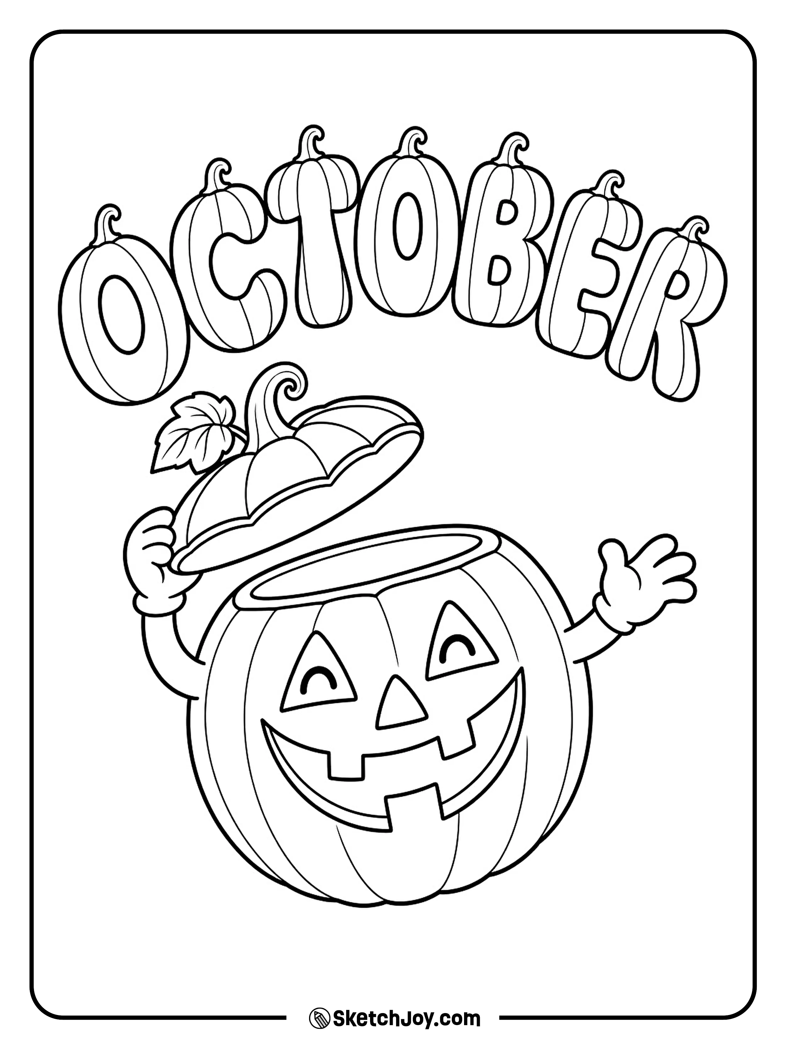 A cheerful pumpkin lifts its lid like a hat beside plump October letters.