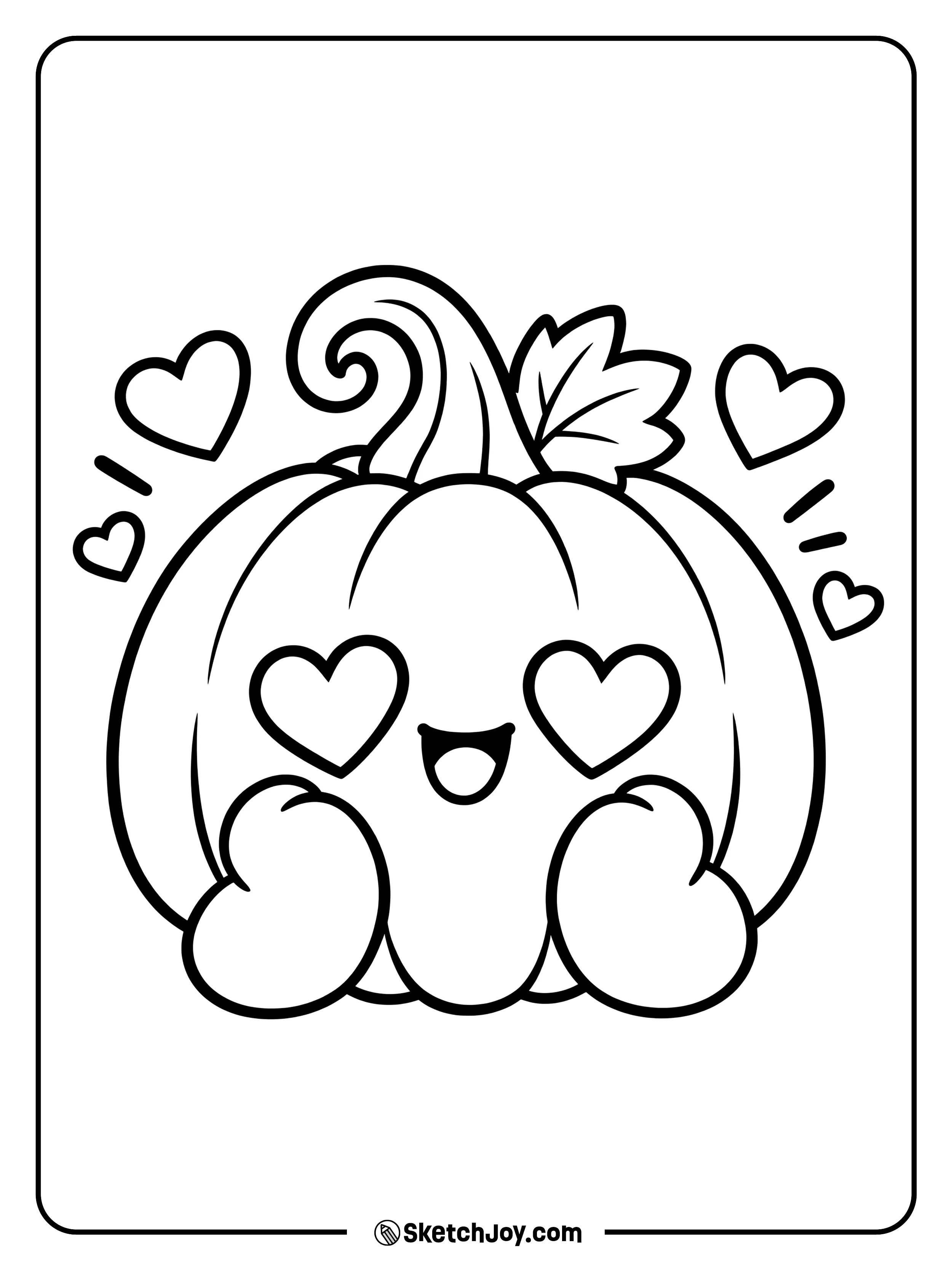 The pumpkin's heart-shaped eyes and wide smile match the hearts floating nearby.
