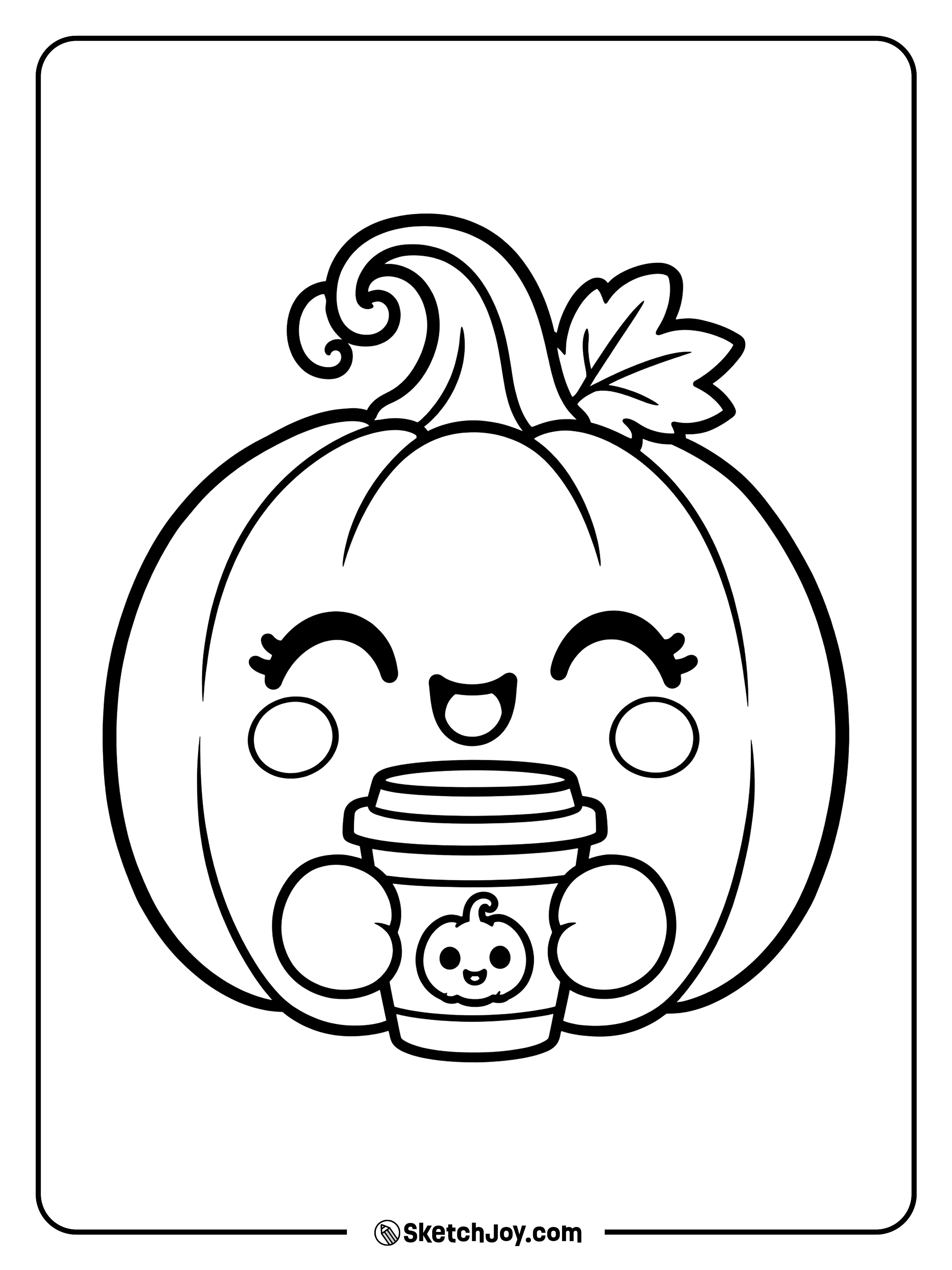 A smiling pumpkin holds a takeaway cup with a tiny pumpkin face.