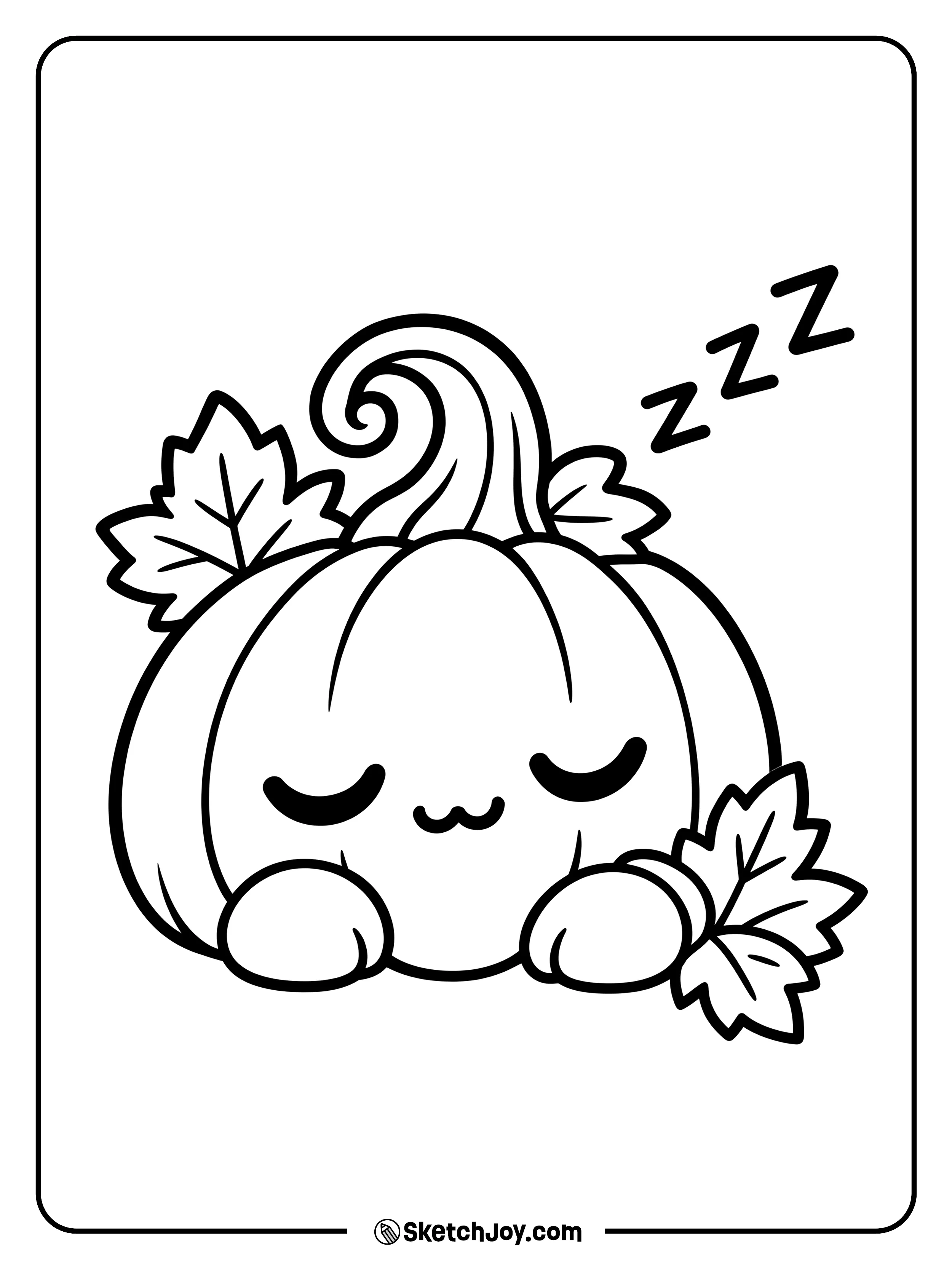 A sleepy pumpkin rests beside fall leaves with its eyes gently closed.