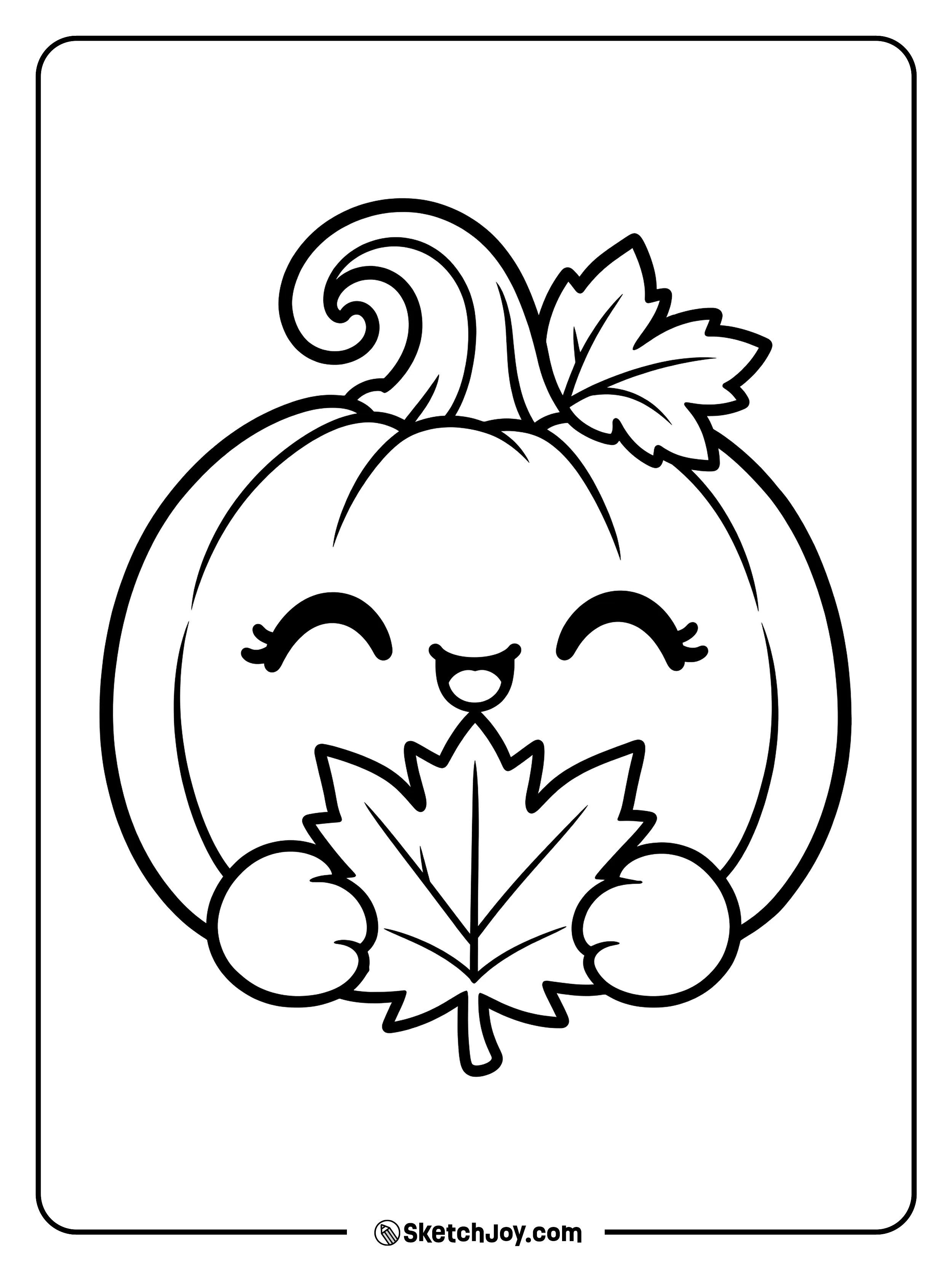 A happy pumpkin holds a large maple leaf in both little hands.