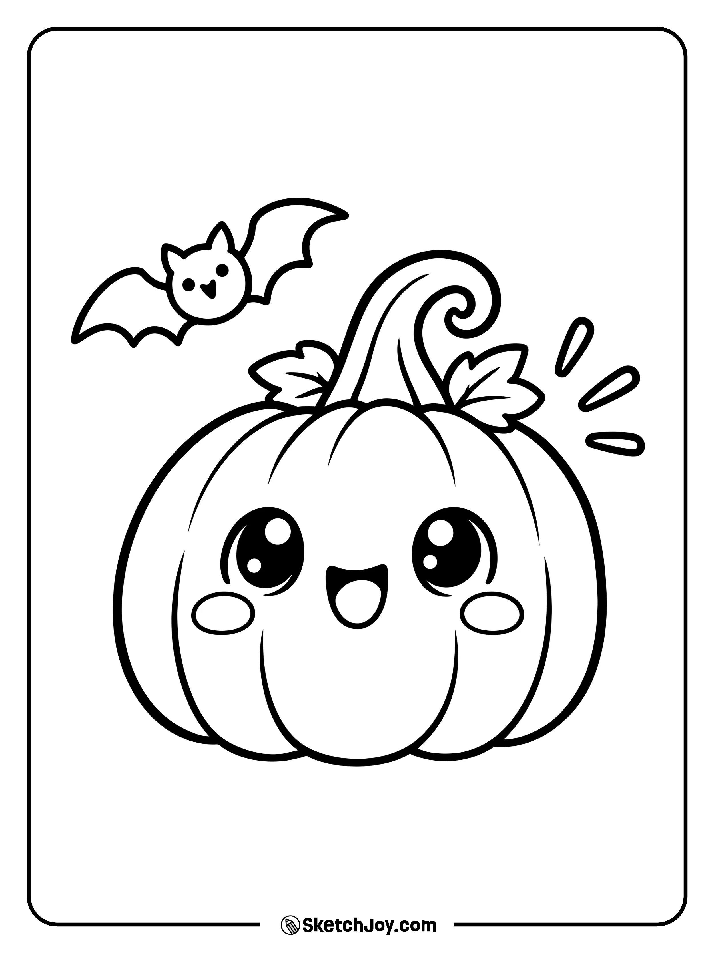 A wide-eyed pumpkin smiles as a little bat flies overhead.