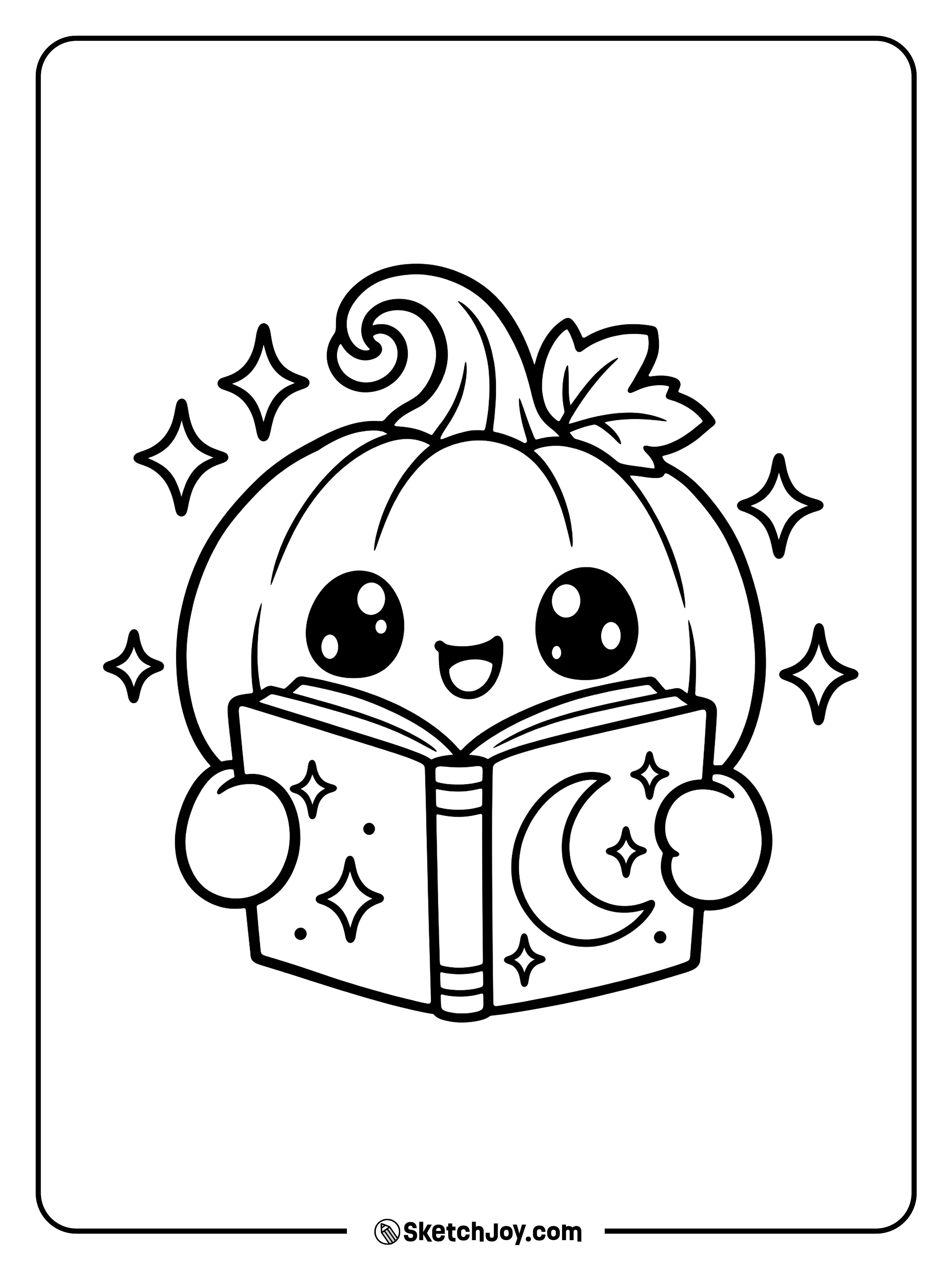 This cheerful pumpkin reads a book with a moon and stars on its cover.