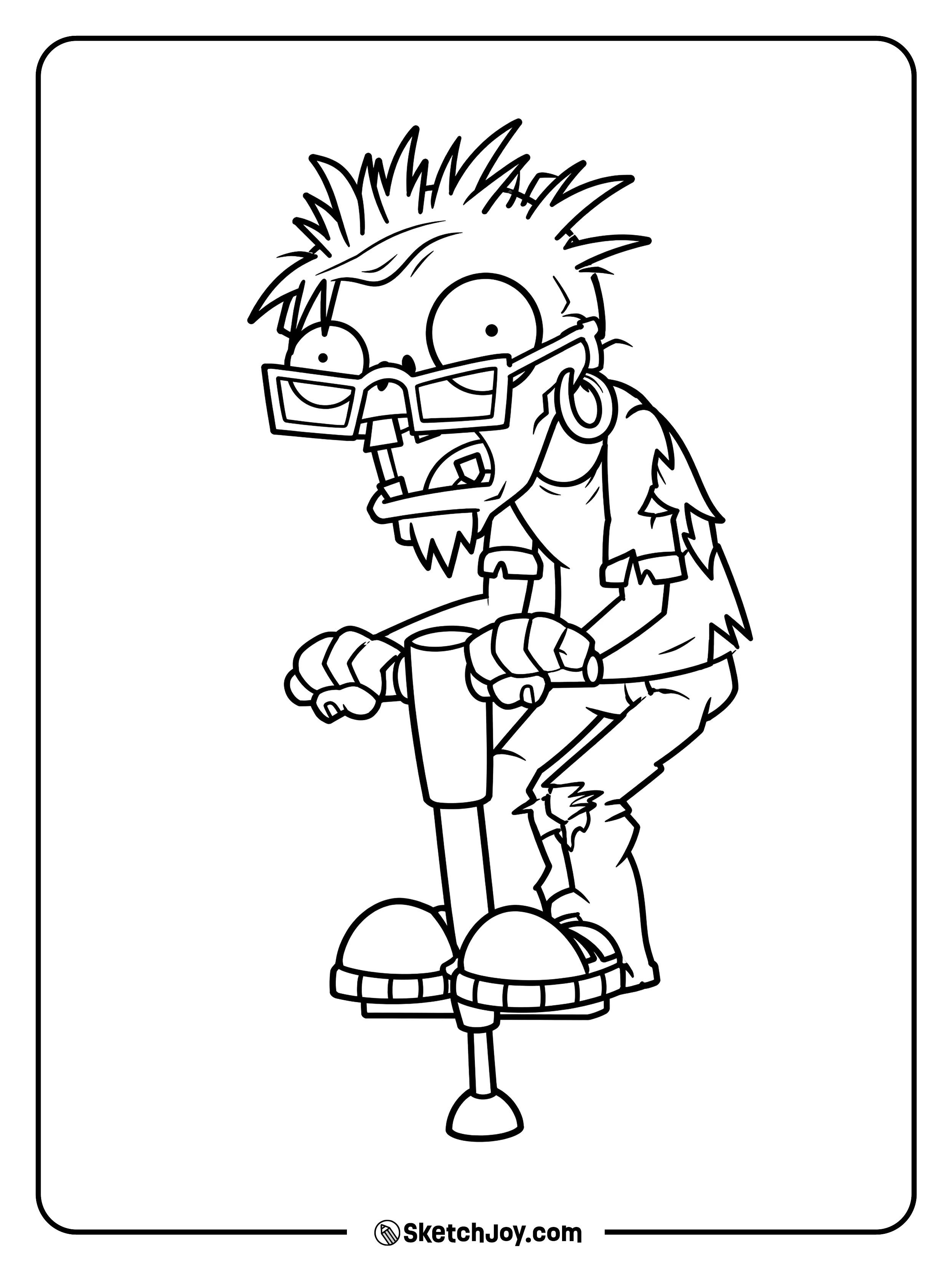 A spiky-haired zombie grips a pogo stick while wearing sharp glasses and torn clothes.