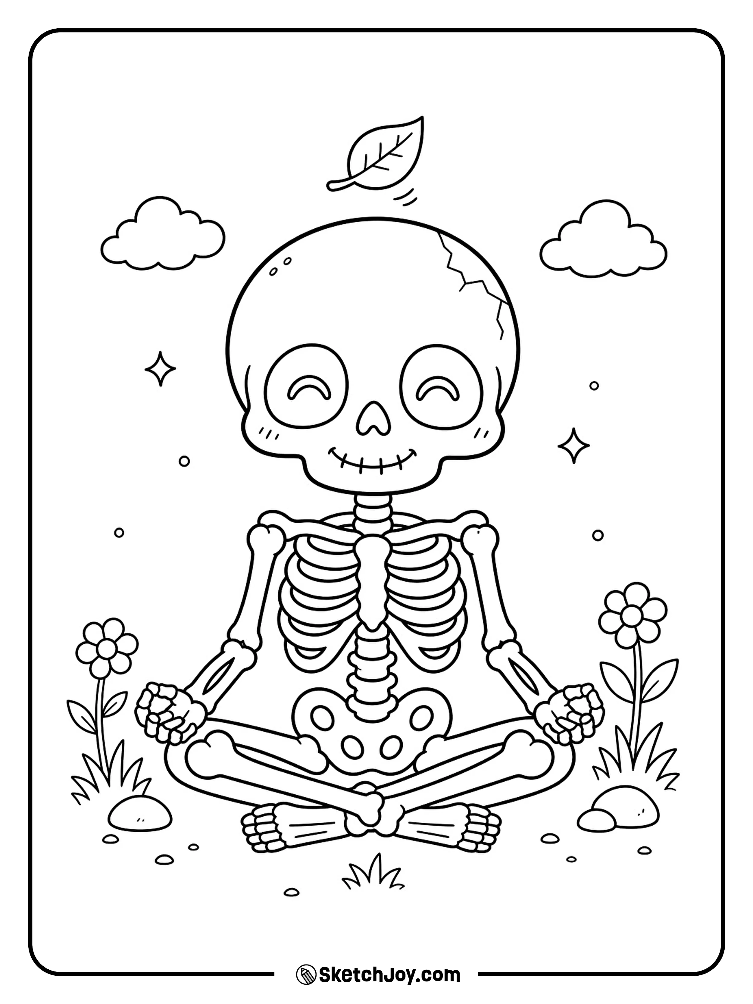 Crossed legs and resting hands give this little skeleton a calm pose.