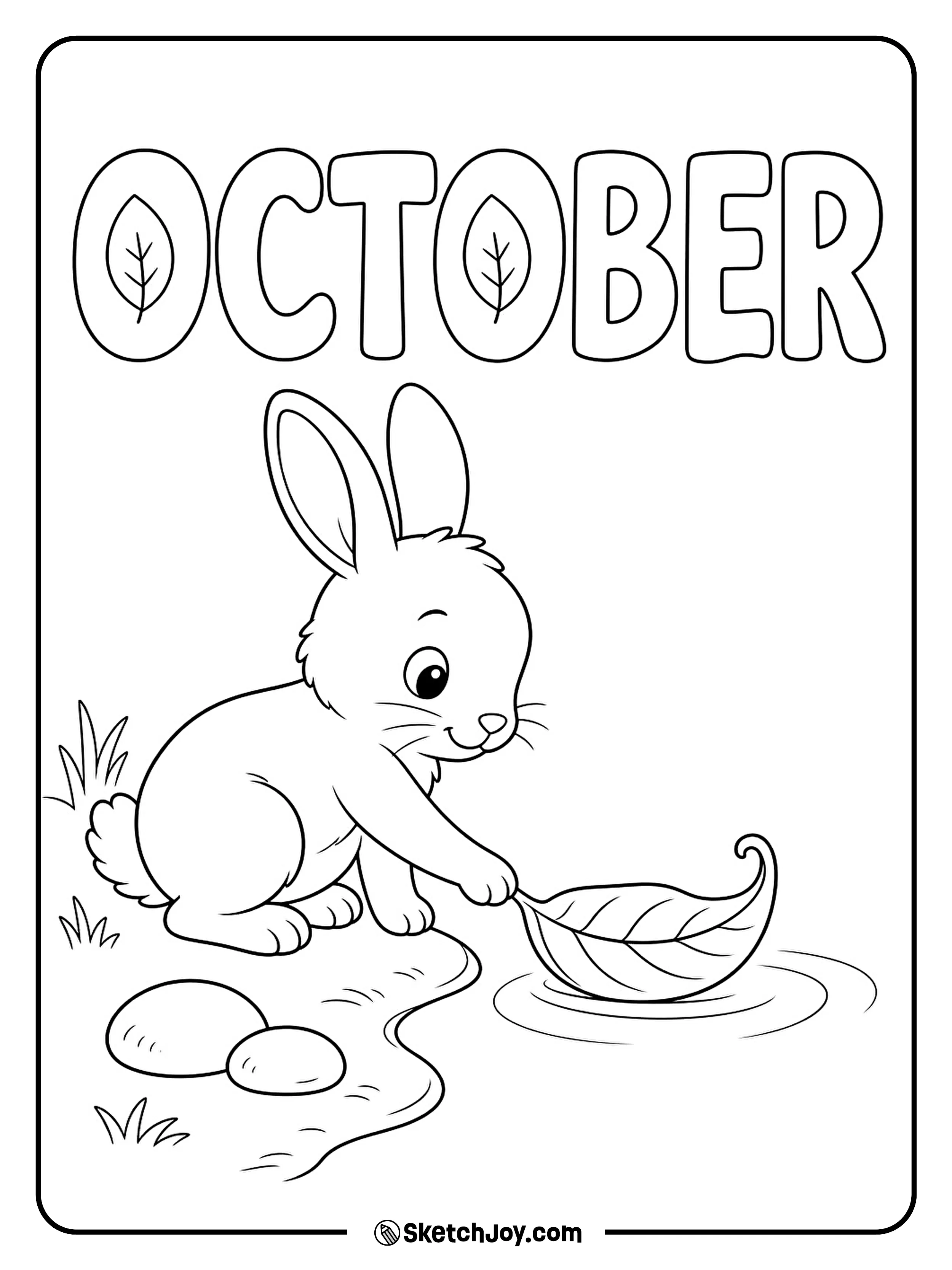 A rabbit gently pushes a curled leaf boat away from the edge of a quiet pond.