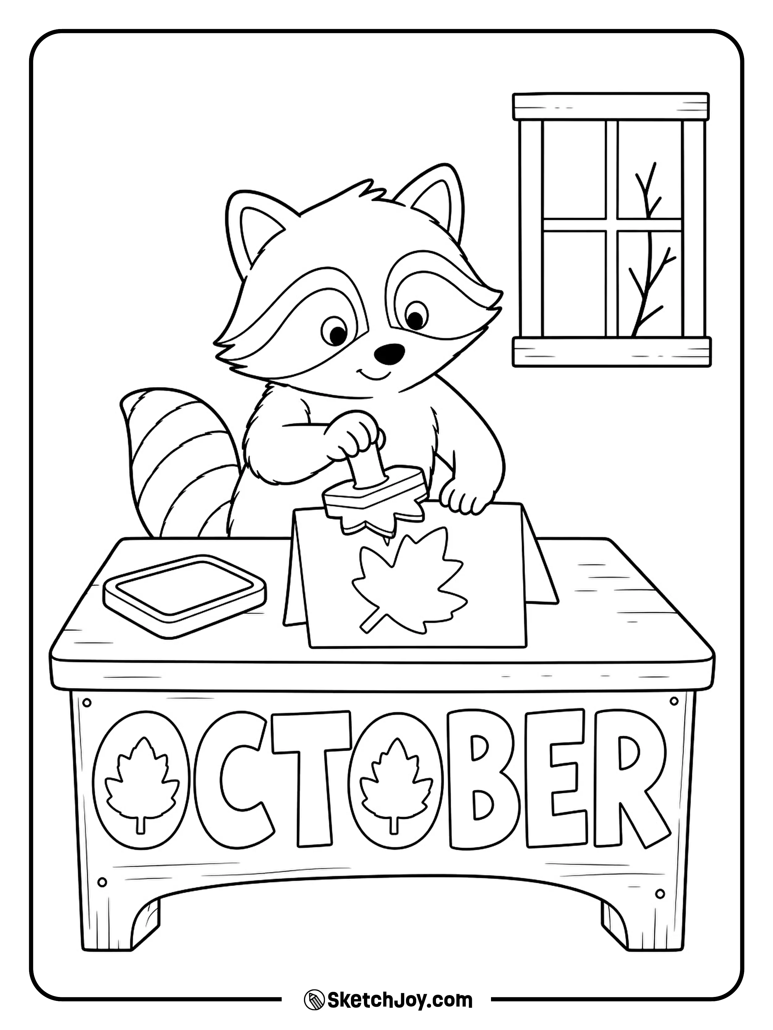 A raccoon presses a leaf stamp onto a blank card at a small craft desk.