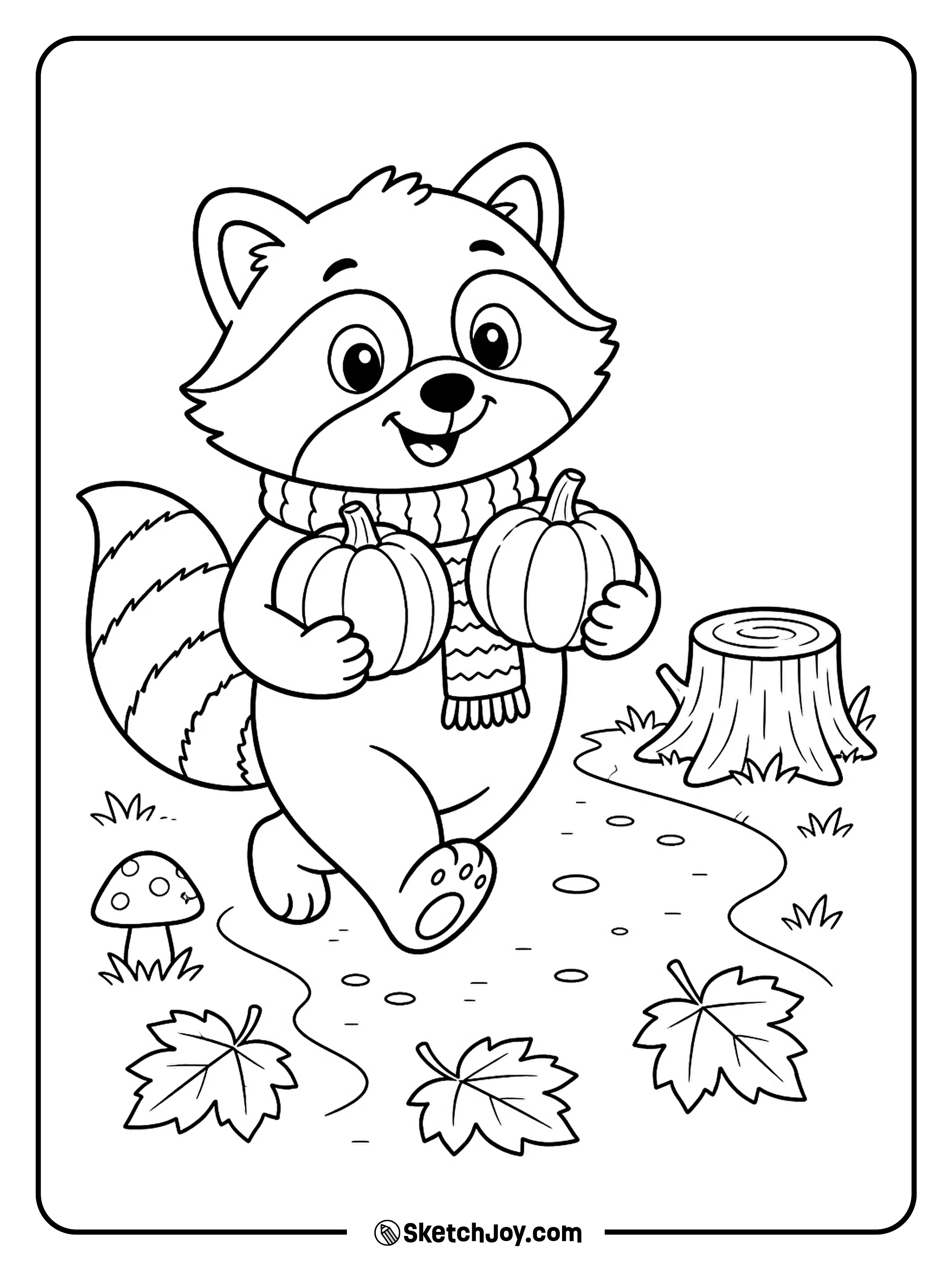 A happy raccoon carries two tiny pumpkins home through fallen leaves.