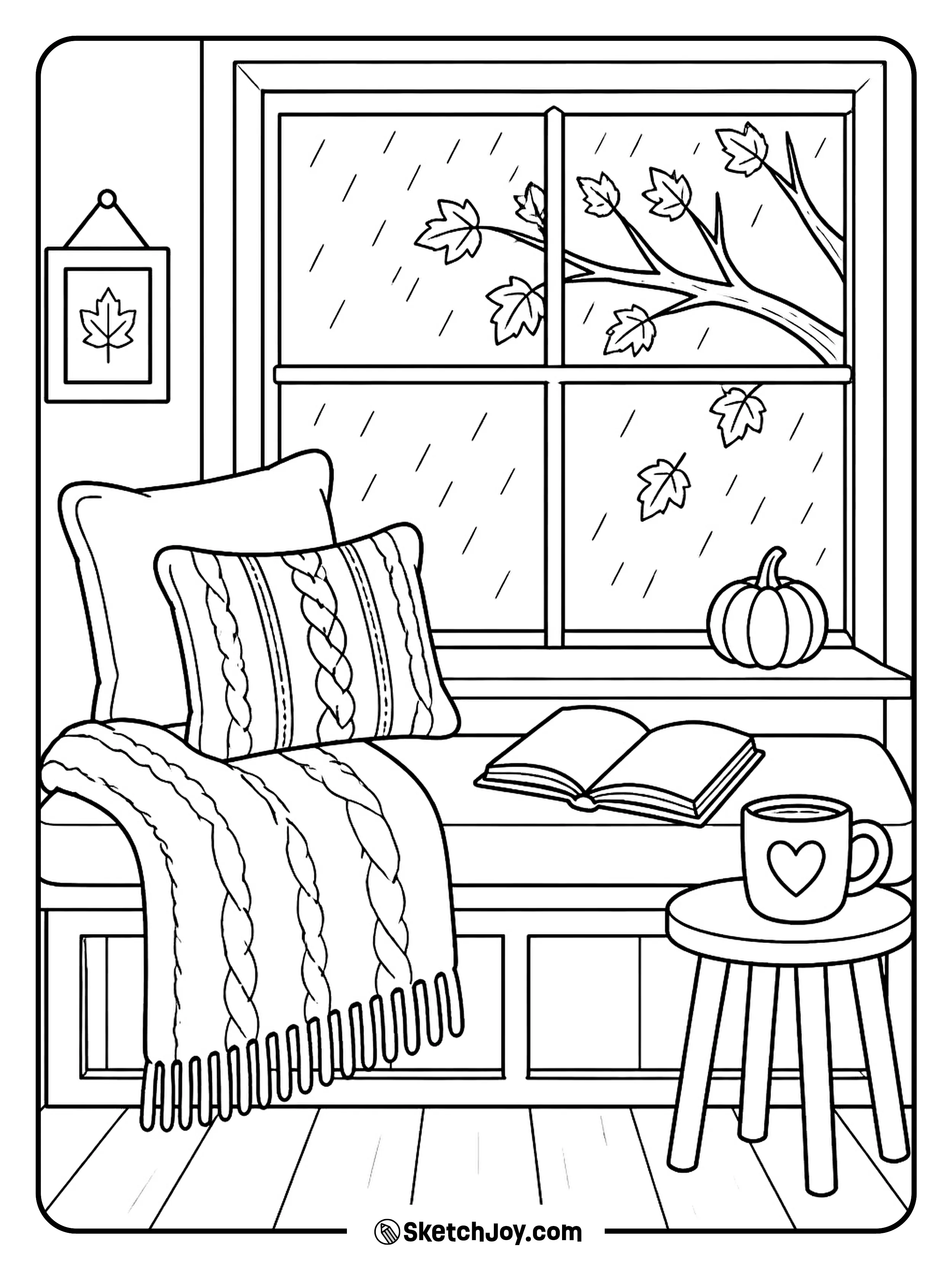 Books, a blanket, and a rainy window make a peaceful autumn corner.
