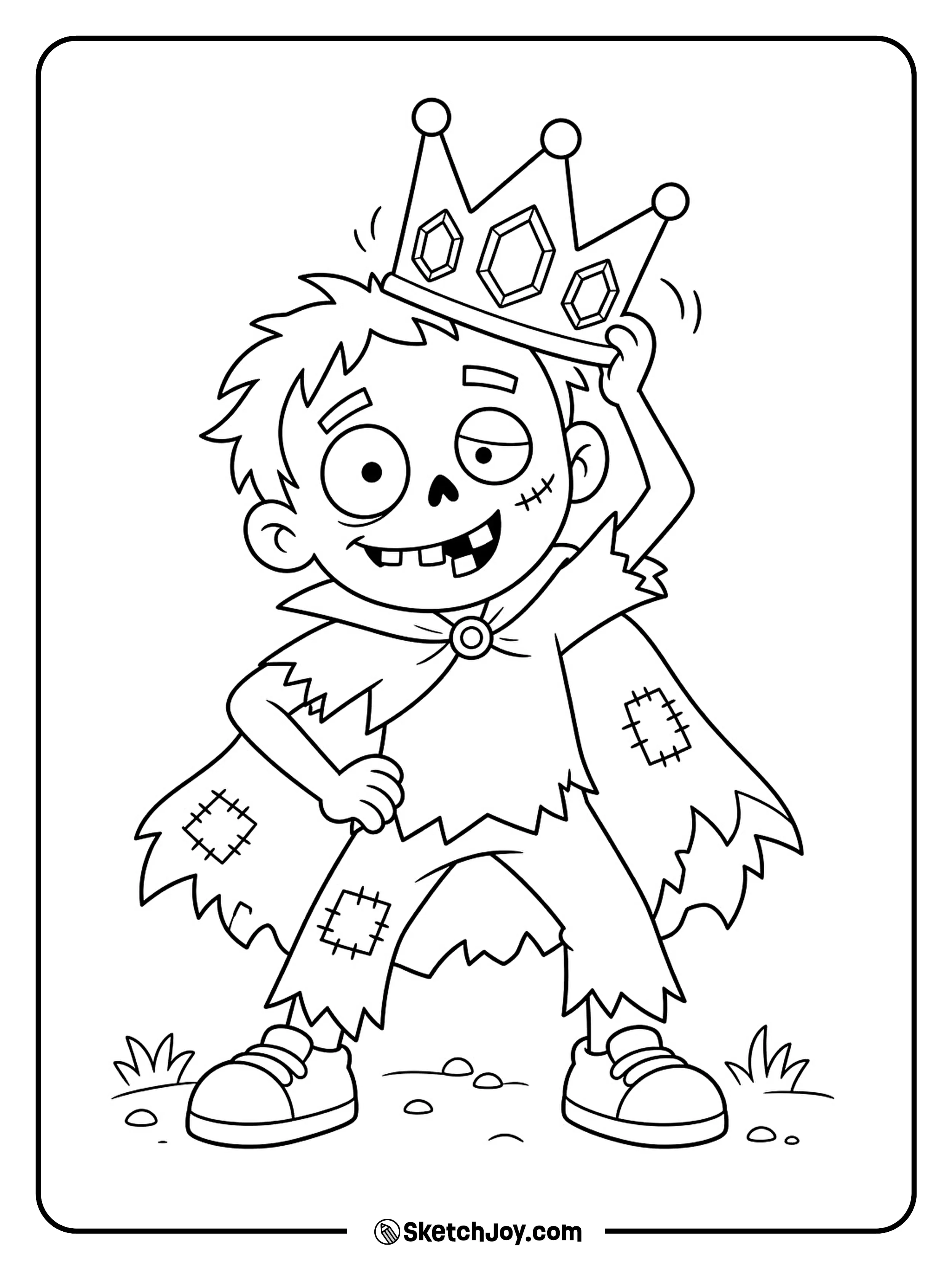 A little zombie catches a slipping crown with one hand and rests the other on its hip.