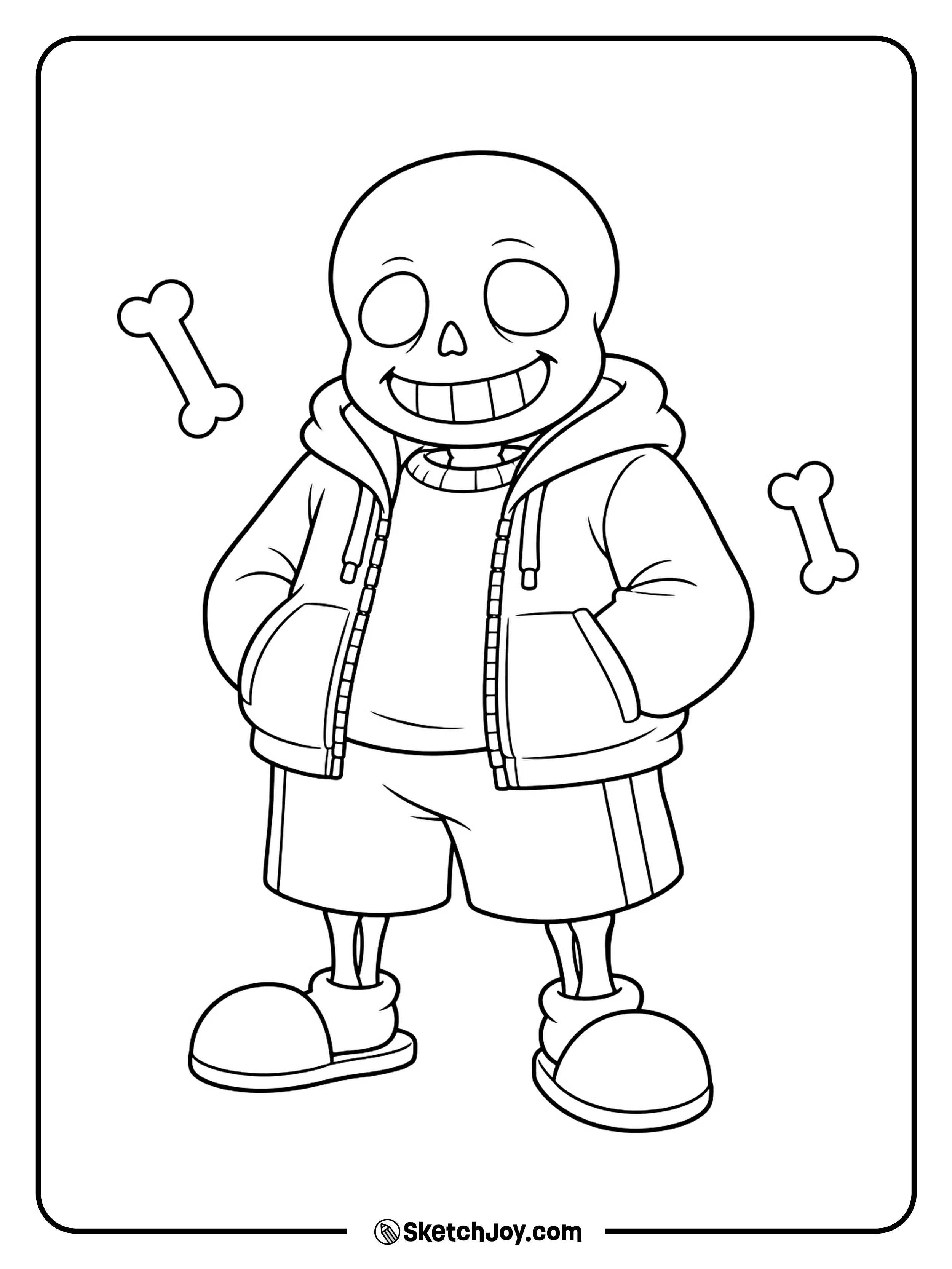Sans grins with his hands in his jacket pockets and one slipper turned out.