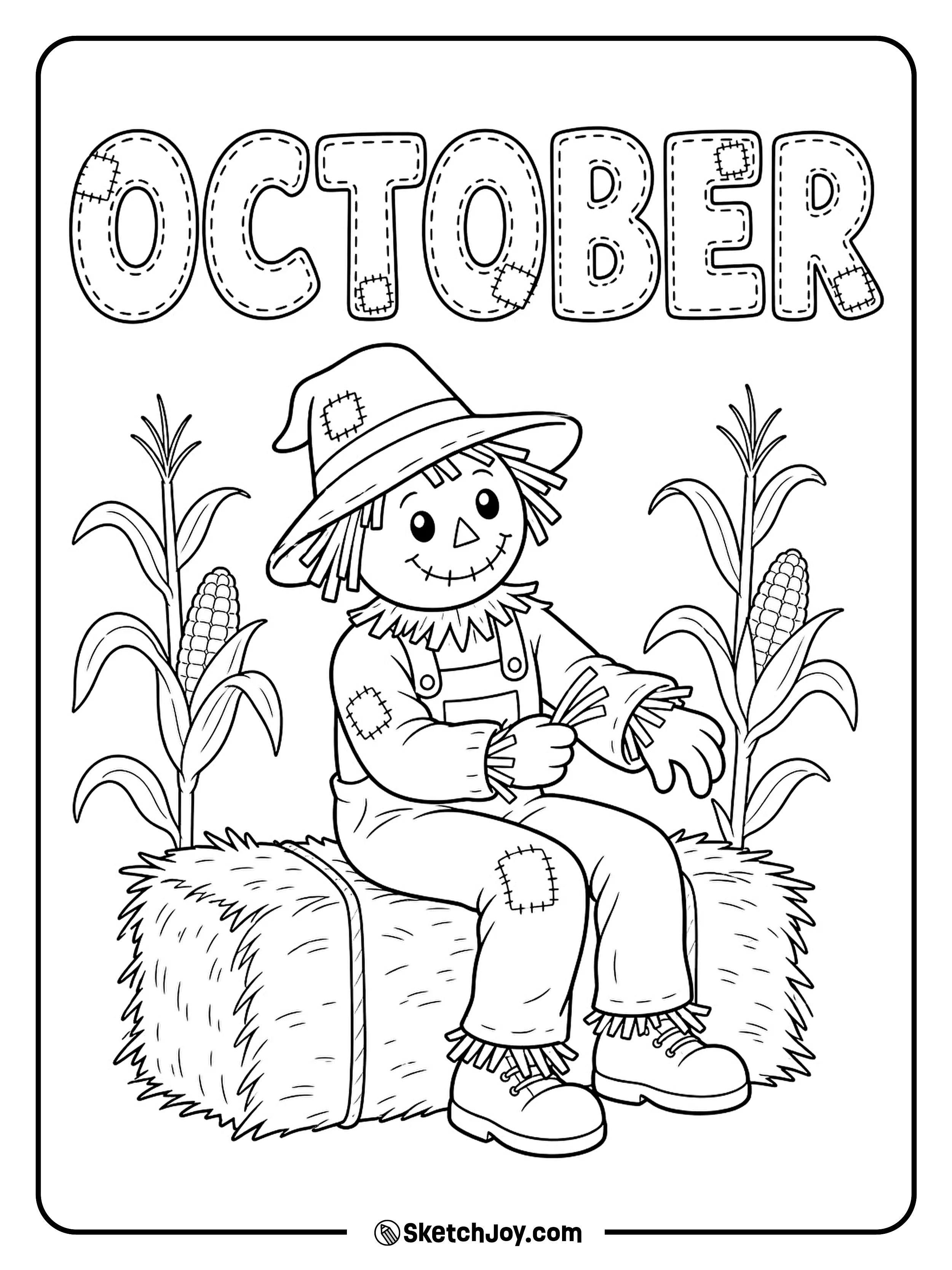 A smiling scarecrow tucks loose straw back into its sleeve while sitting on a hay bale.