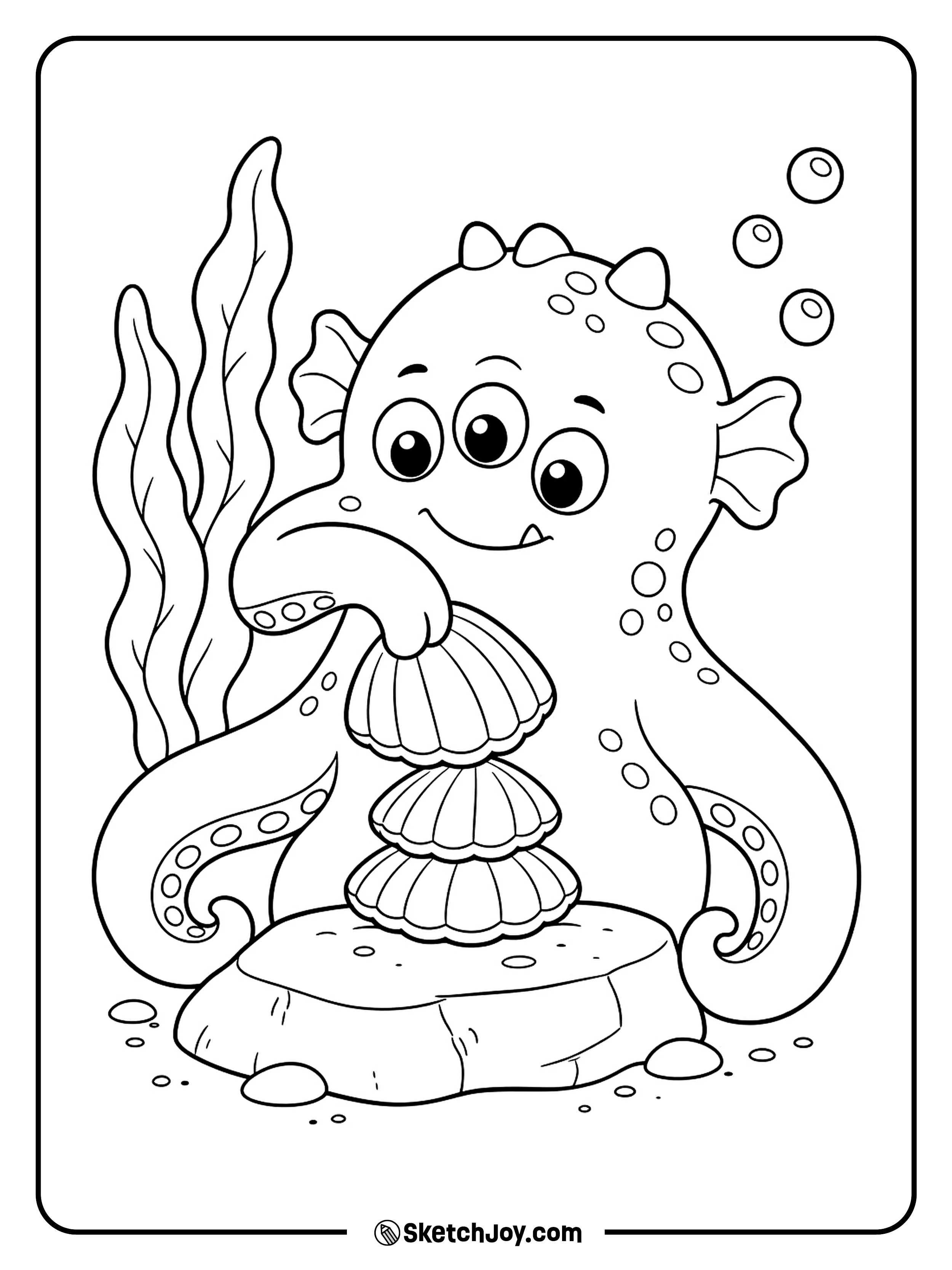 A small sea monster carefully adds one more shell to its wobbly tower.