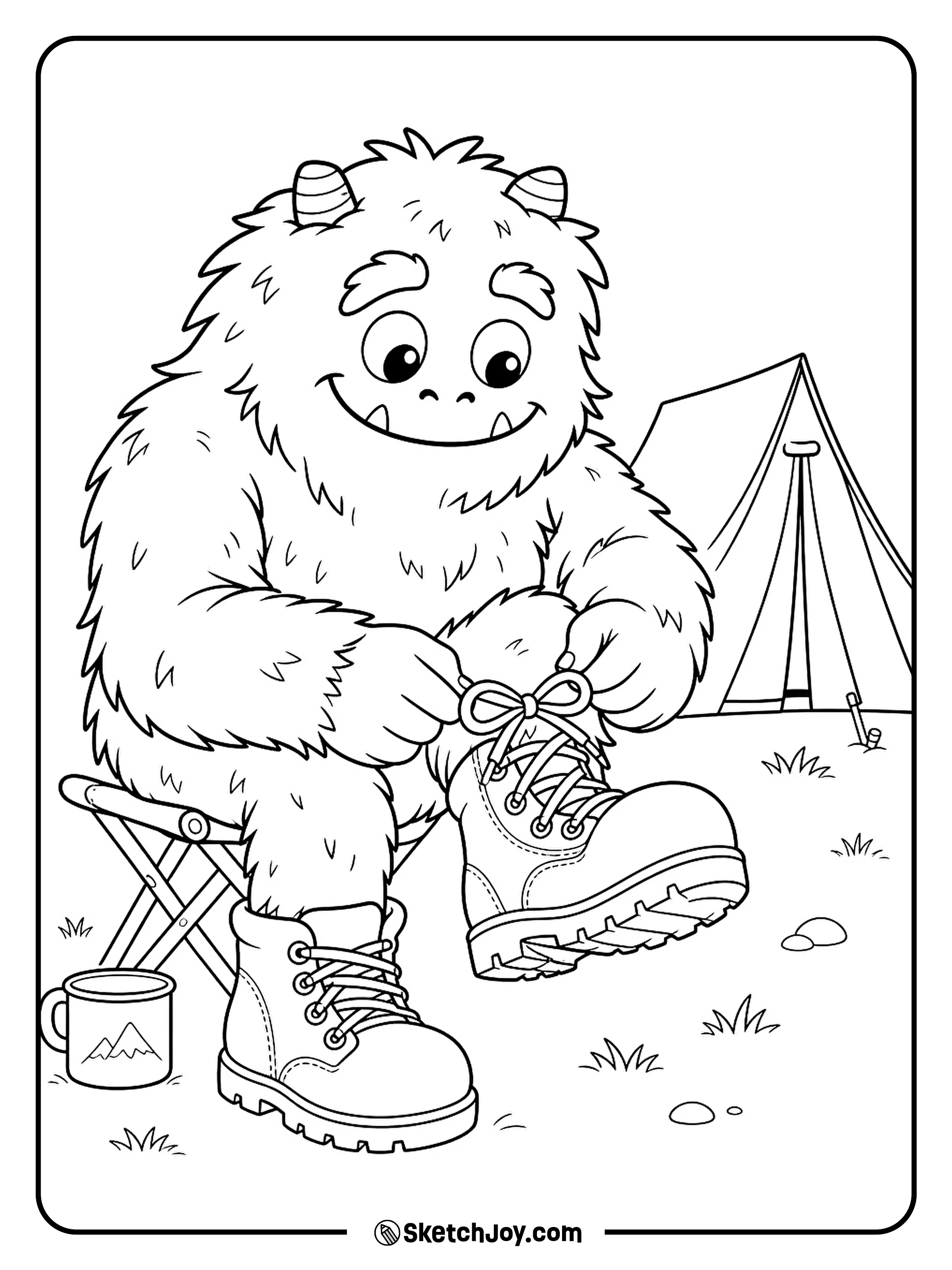 A shaggy monster ties a giant boot while sitting on a camping stool.