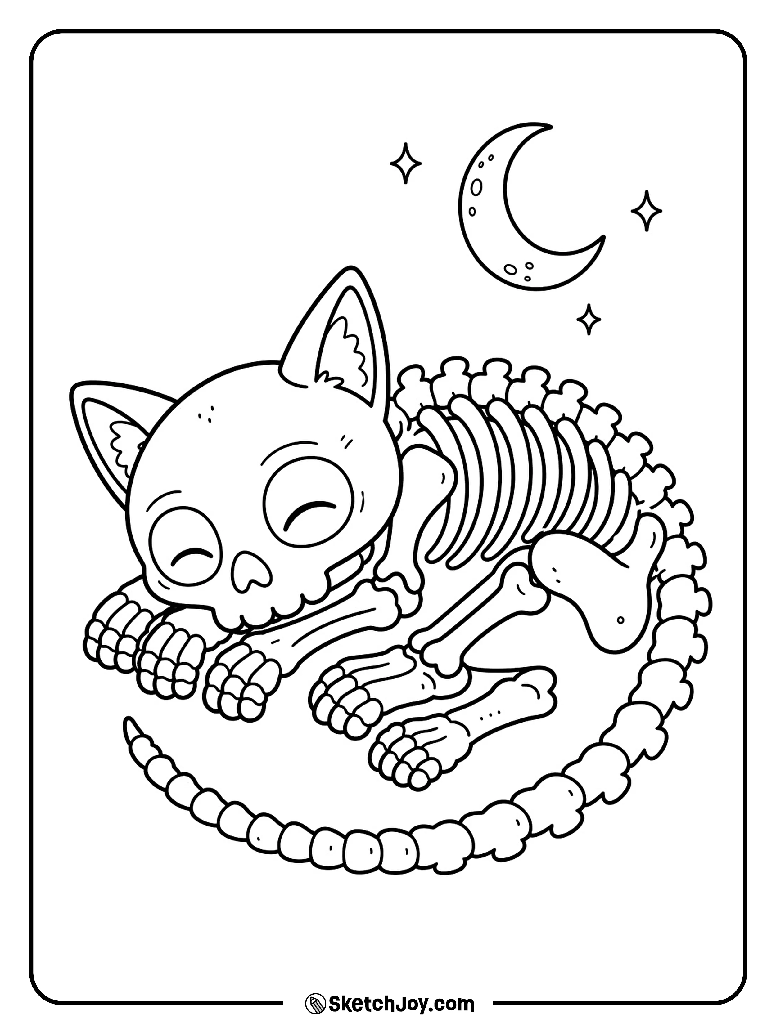 A tiny skeleton cat curls its tail around its paws for a quiet nap.