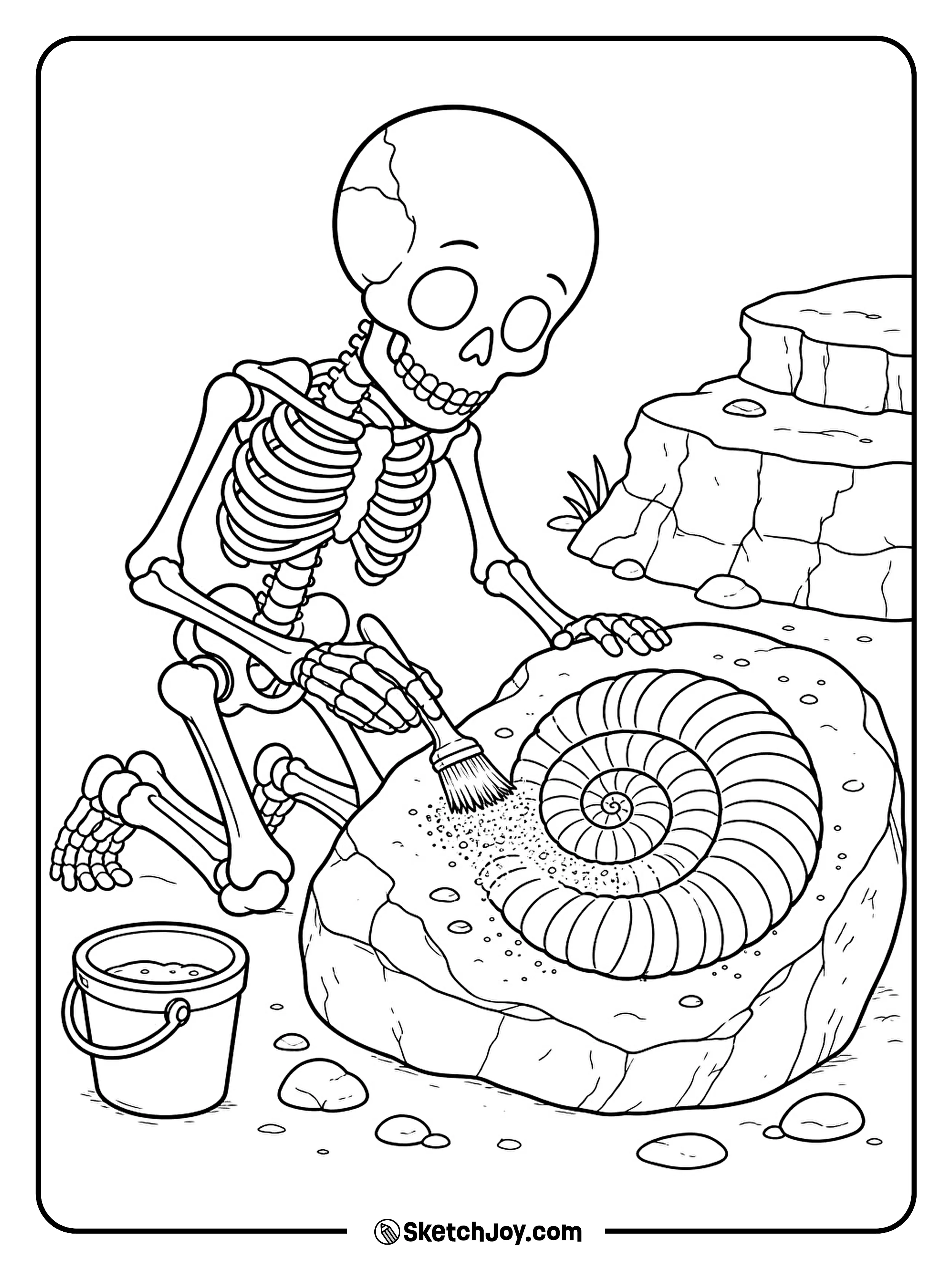 A skeleton brushes sand from a spiral fossil beside a small rock ledge.
