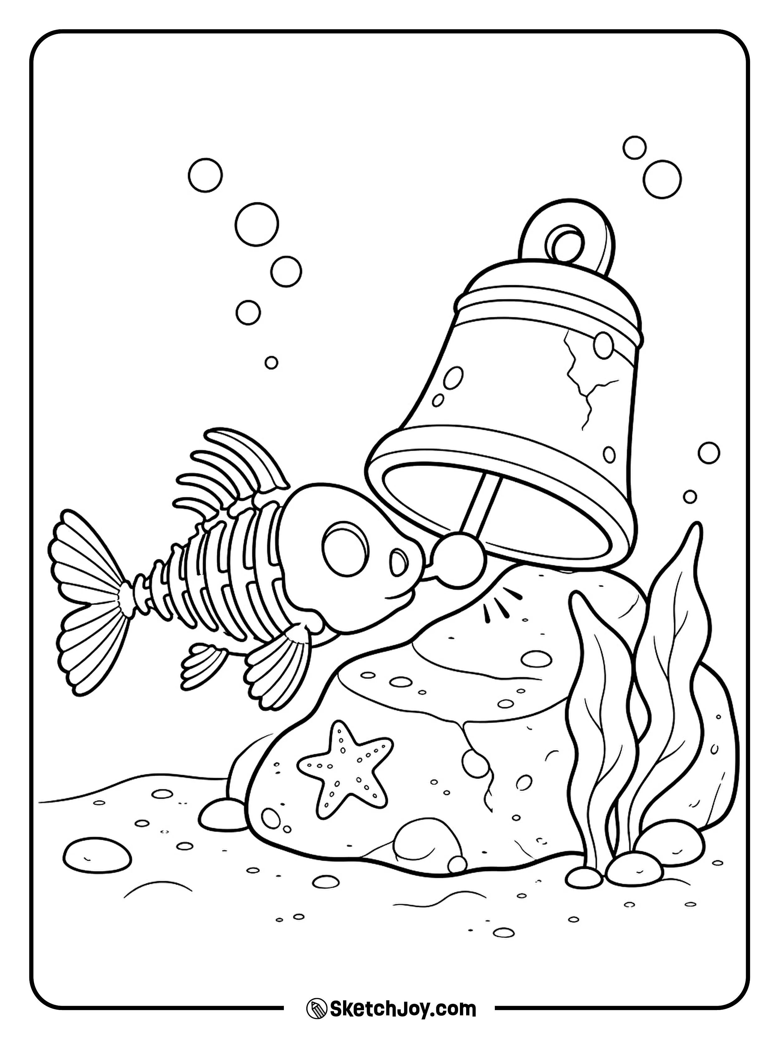 A tiny skeleton fish nudges the clapper of a bell on the seabed.