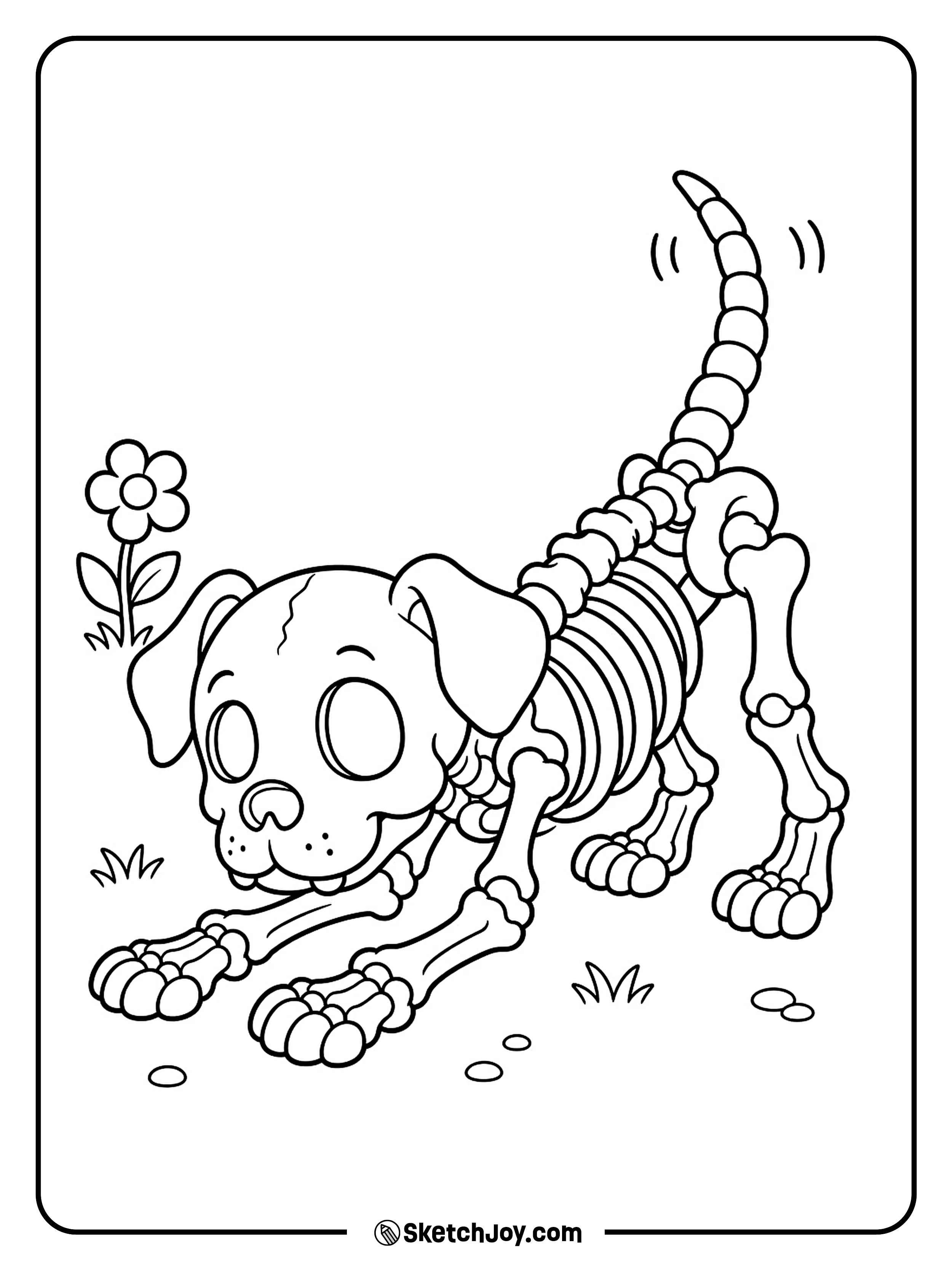 Front paws stretch low as a skeleton puppy lifts its tail for play.