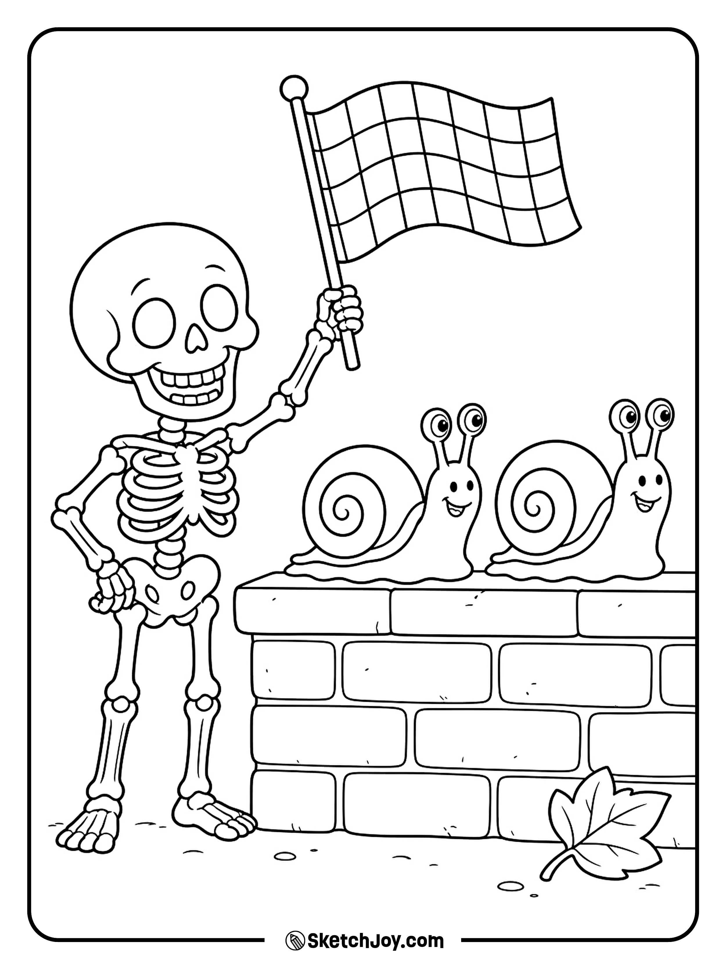 Two snails wait on a garden wall while a skeleton raises a checkered flag.