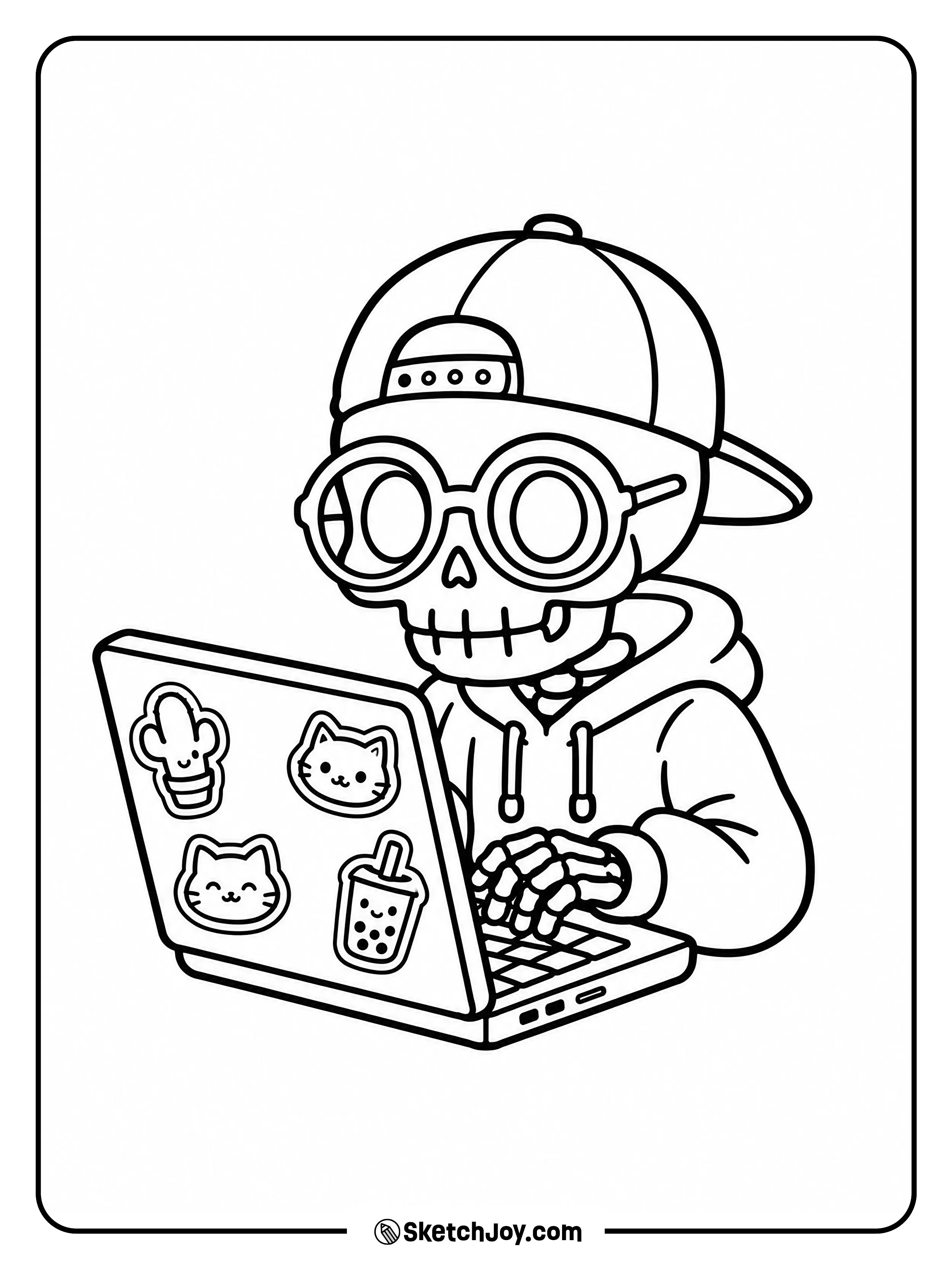 A skeleton in a hoodie types on a laptop covered with cat, cactus, and drink stickers.