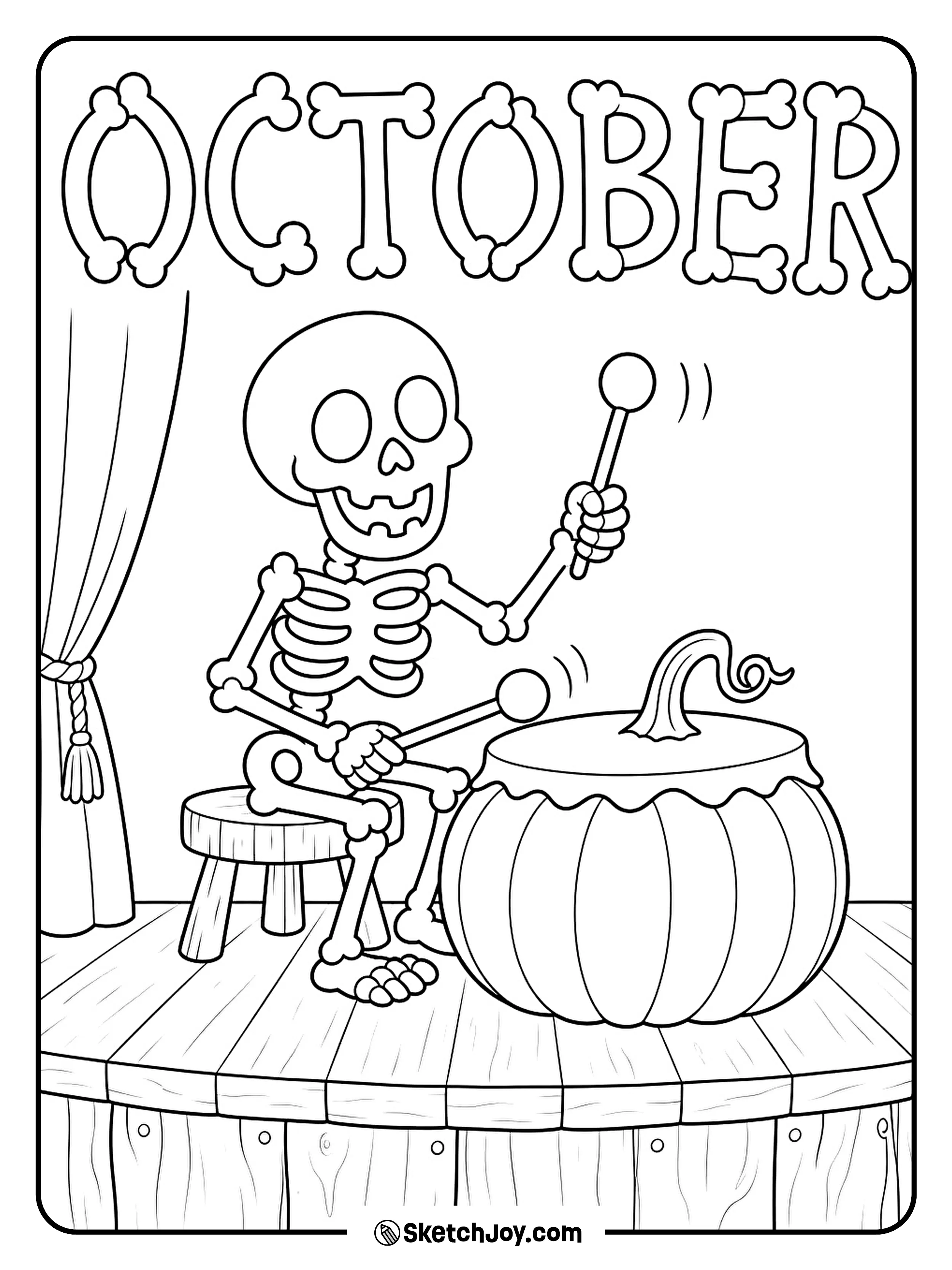A smiling skeleton taps a pumpkin drum on a small wooden stage.