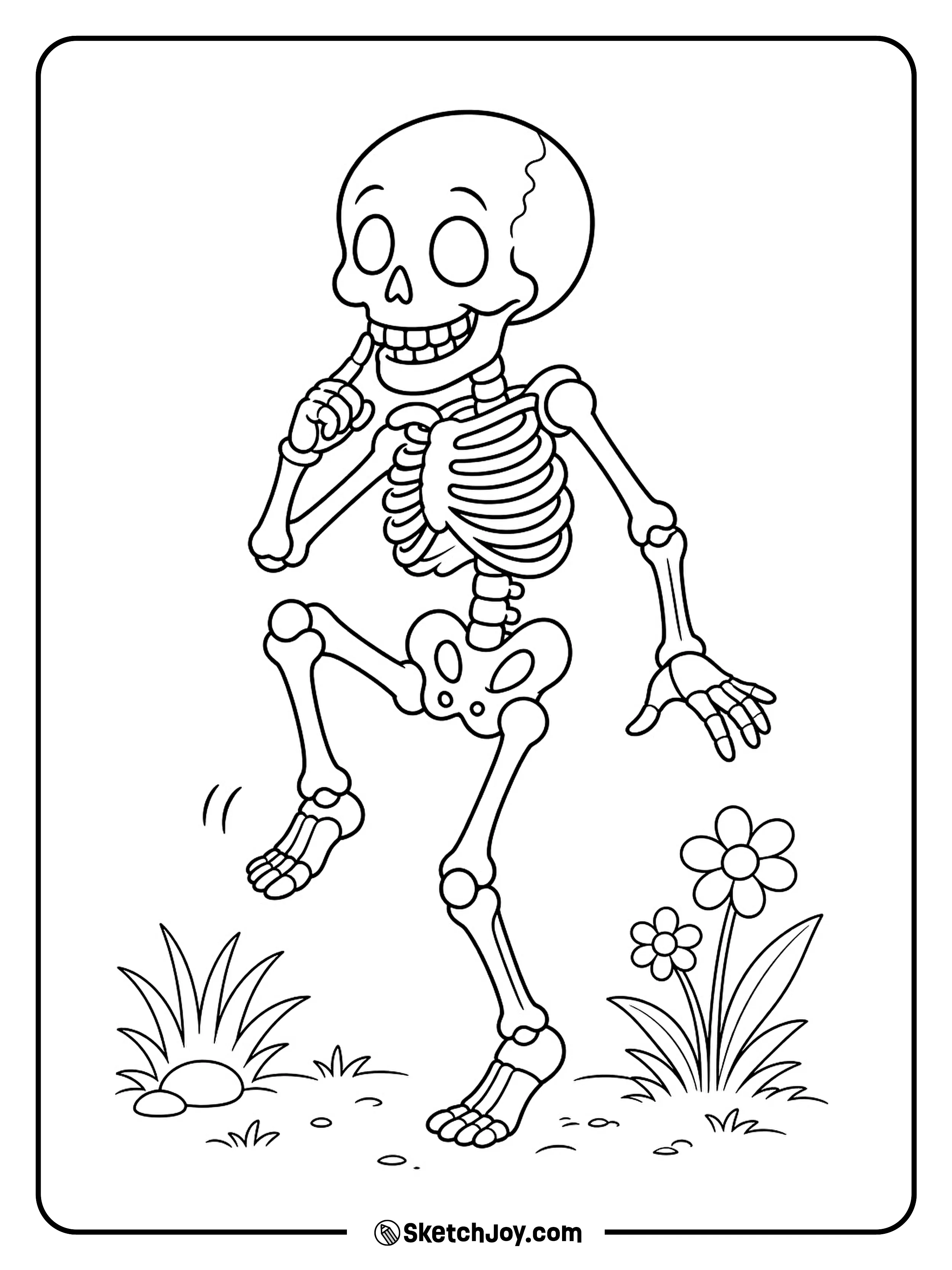 A sneaky skeleton steps on tiptoe with one finger held near its grin.
