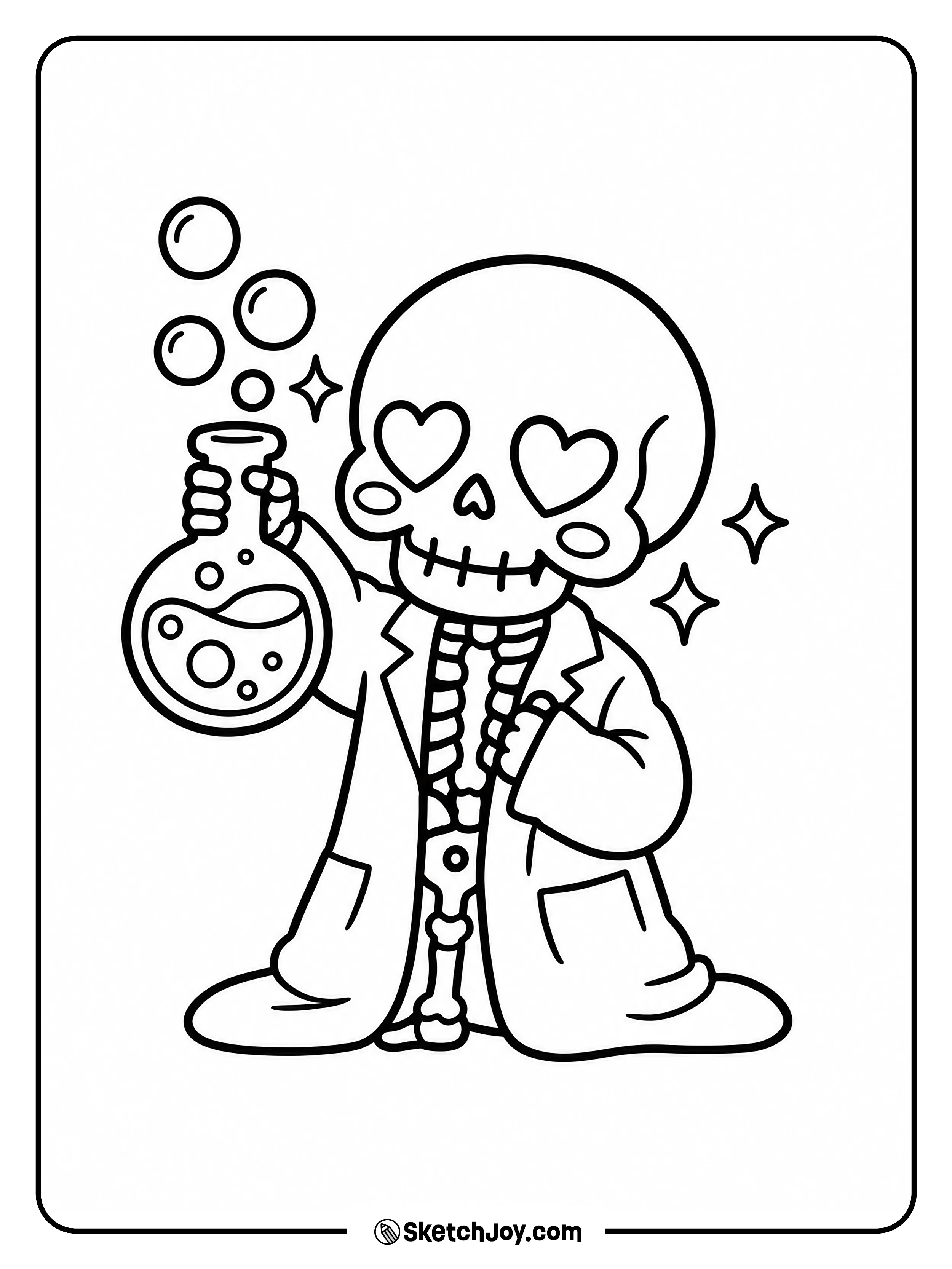 Bubbles float above a flask held by a skeleton with heart-shaped eyes and a long lab coat.