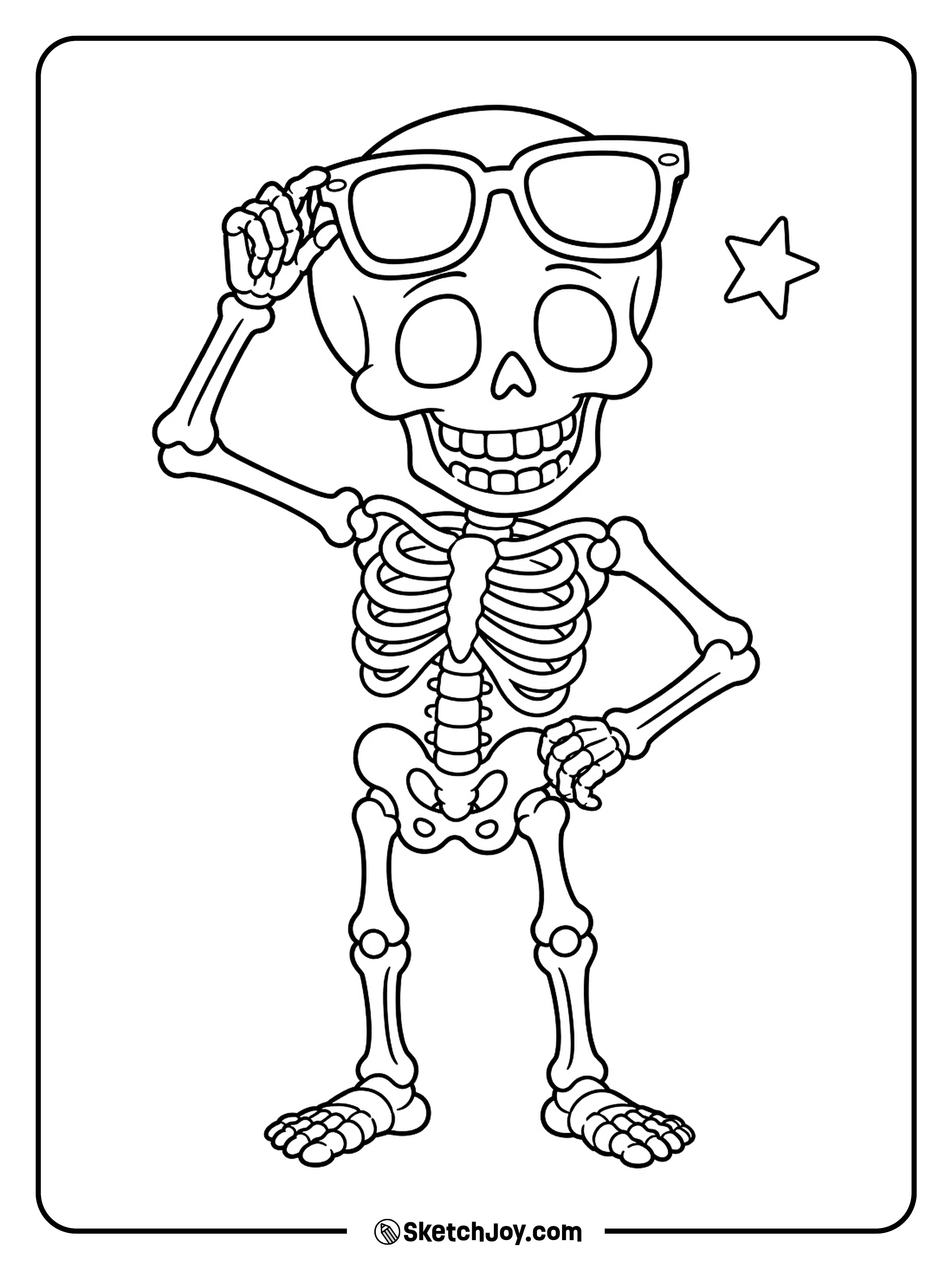With one hand on its hip, a skeleton lifts its sunglasses for a peek.