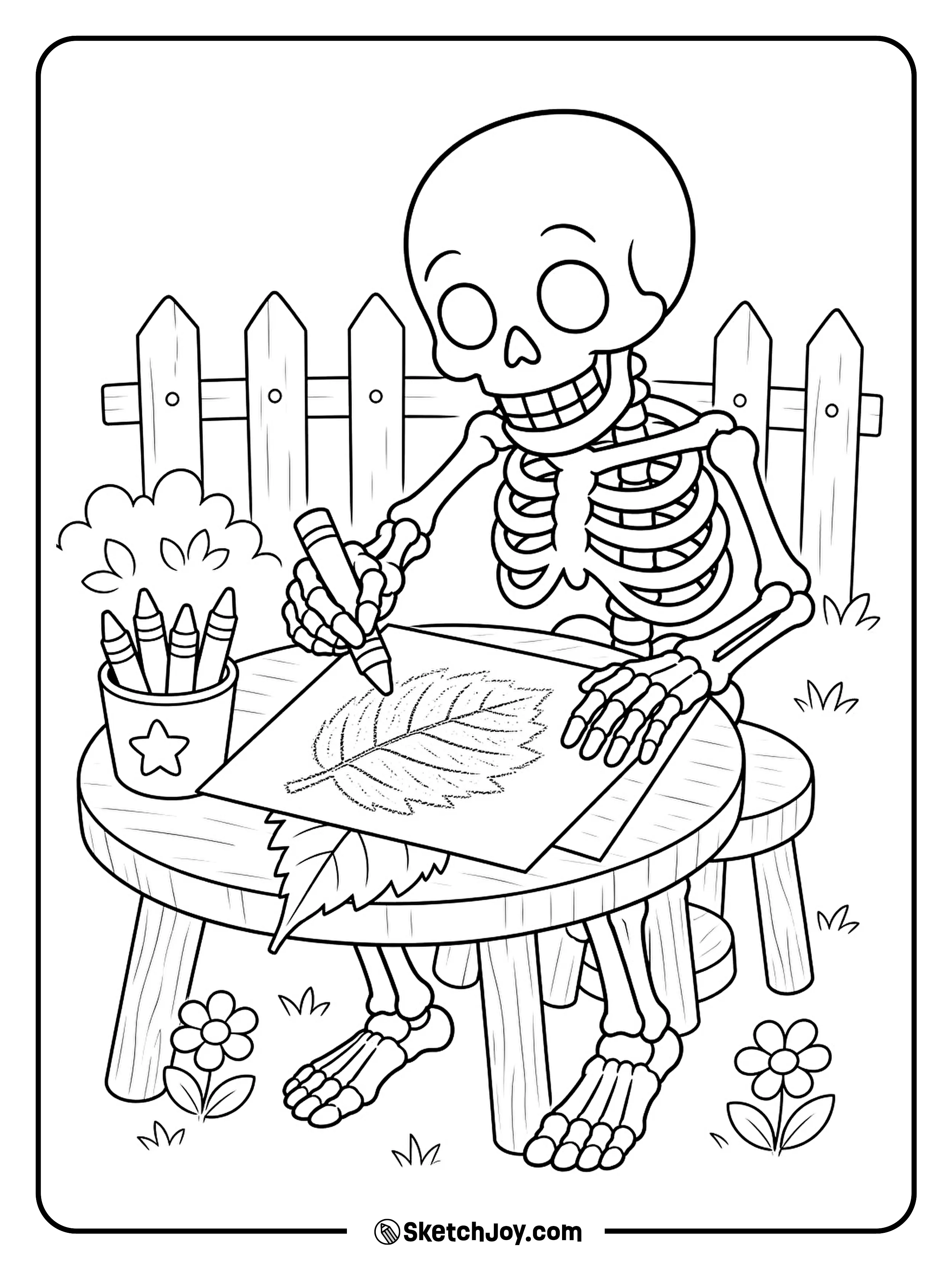 A little skeleton rubs a crayon over paper with a large leaf underneath.