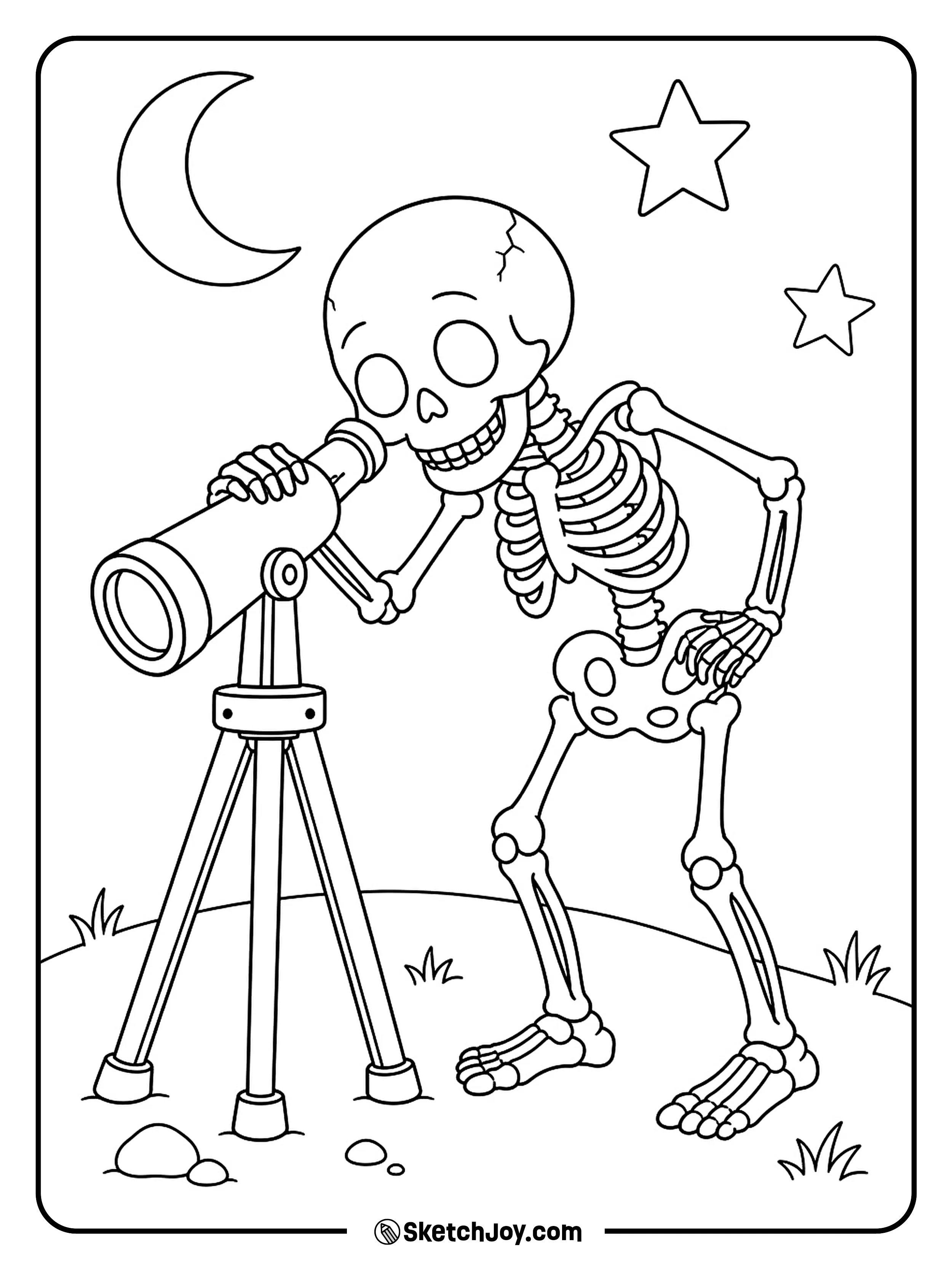 Through a telescope, a skeleton studies the crescent moon above a grassy hill.