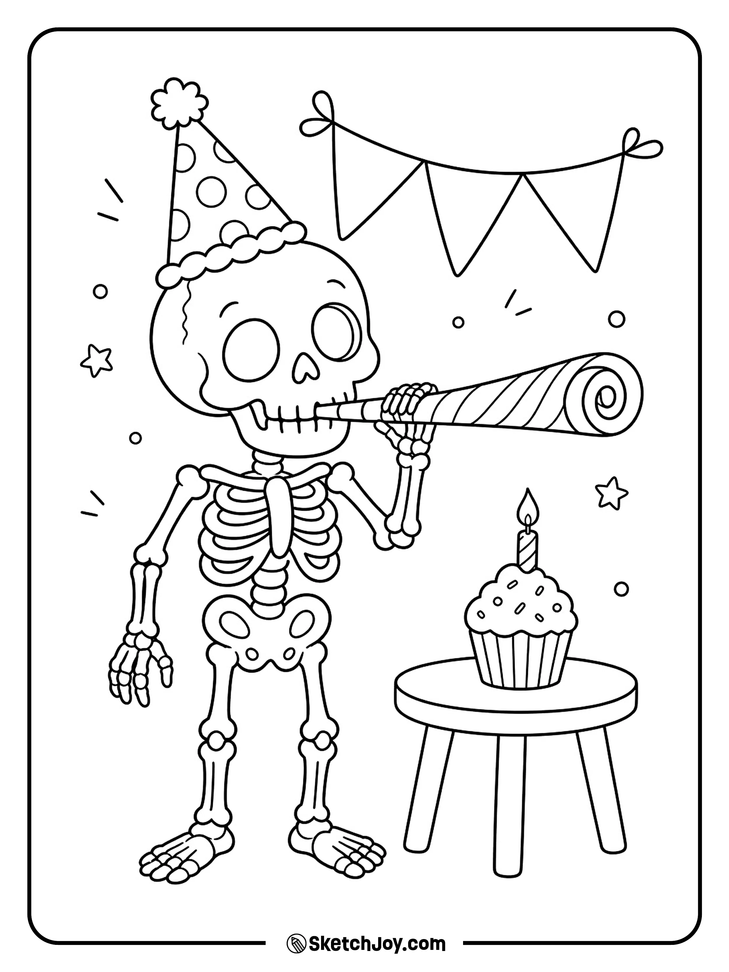 A happy skeleton blows a paper party horn beside a tiny cupcake.