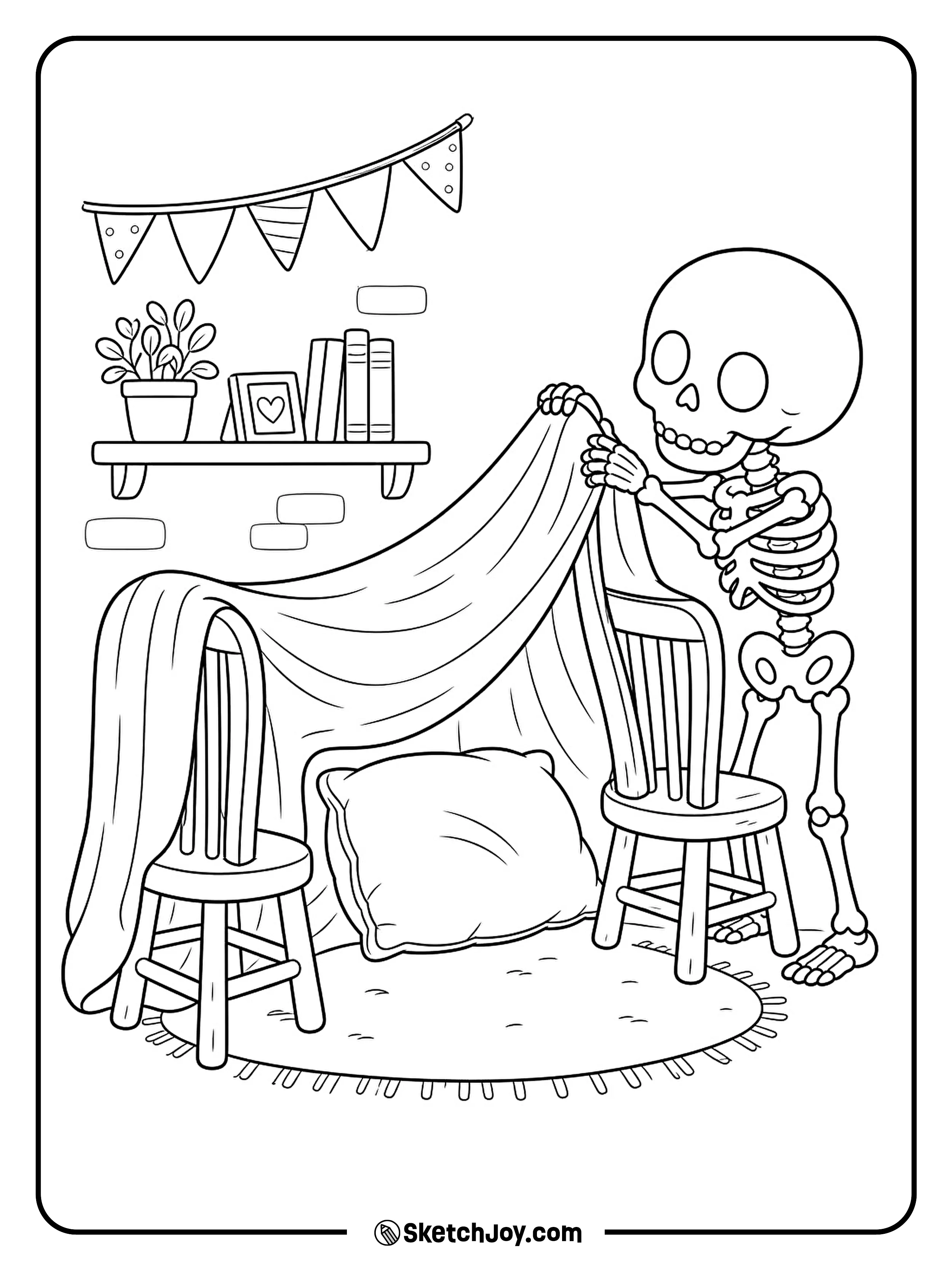 A little skeleton tucks a blanket over a chair to finish its pillow fort.