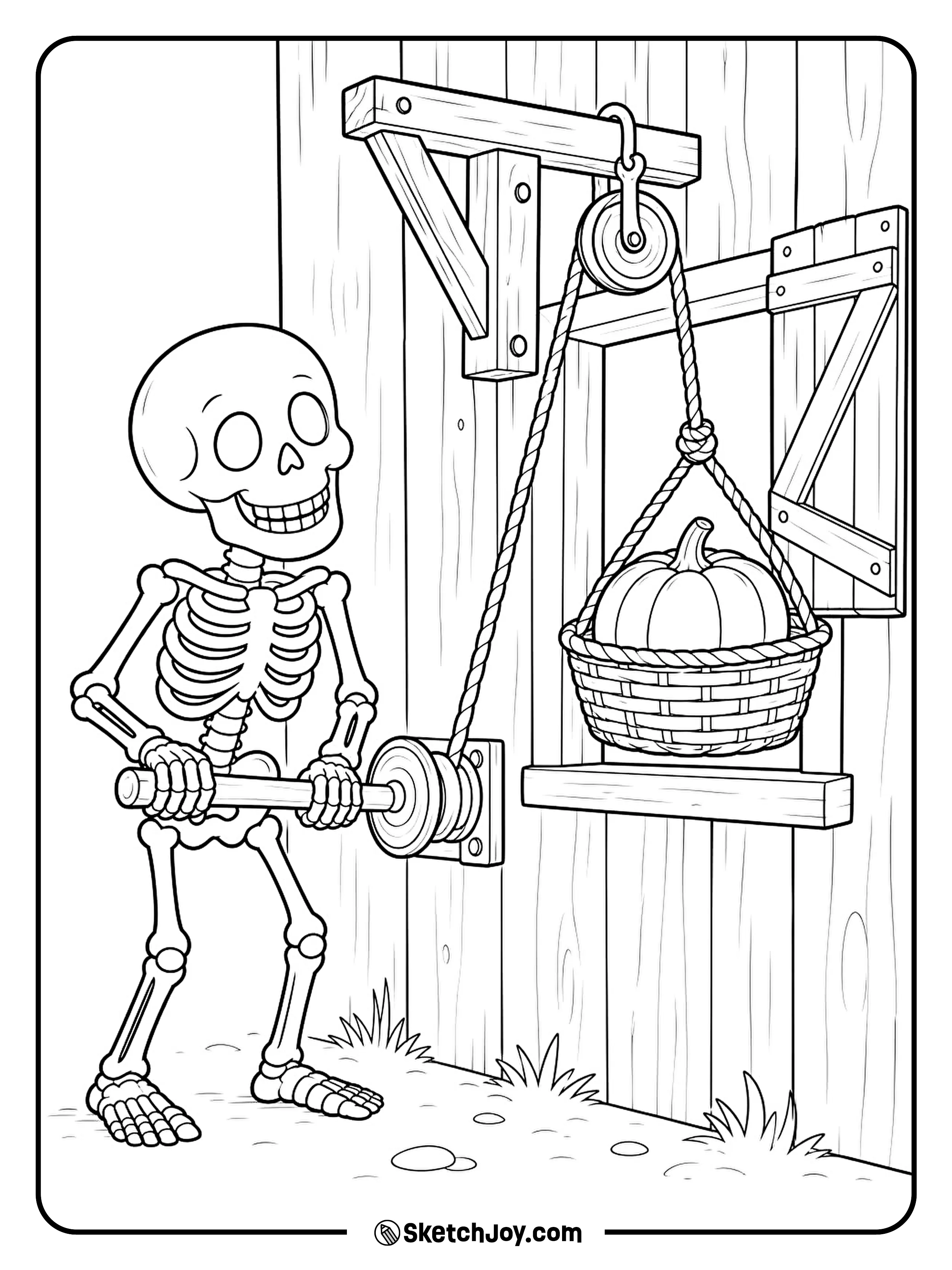 A skeleton turns a wooden wheel to lift a pumpkin toward the barn window.
