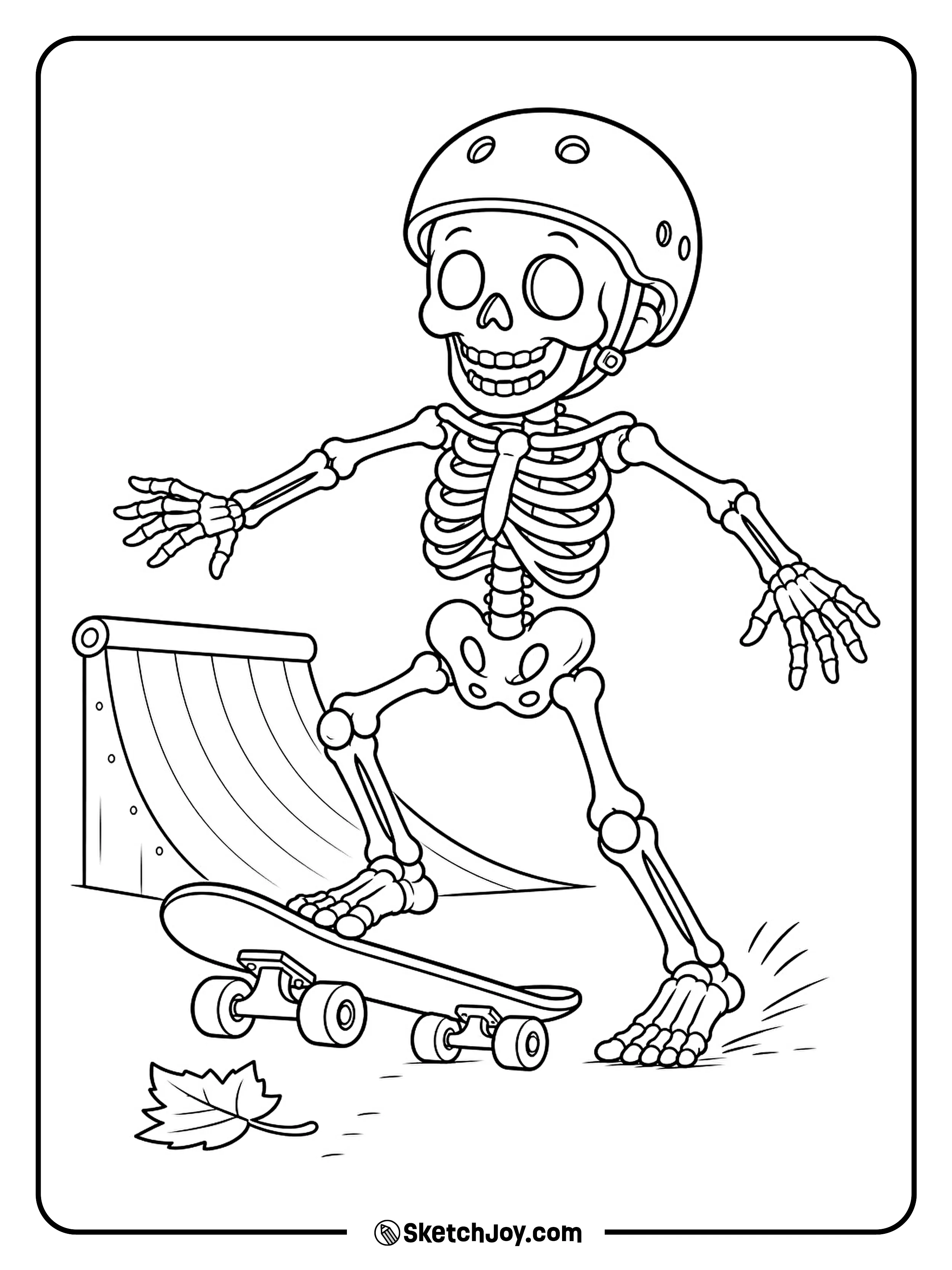 One foot stays on the board while a skeleton stops beside a little ramp.