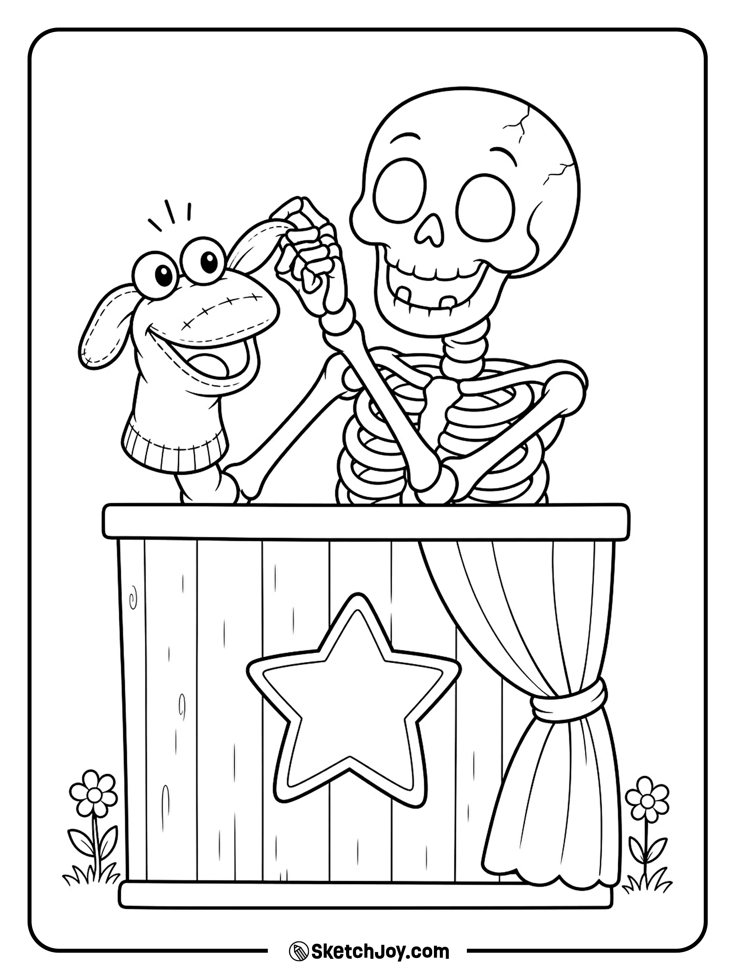 A smiling skeleton makes a sock puppet wave from behind a tiny stage.