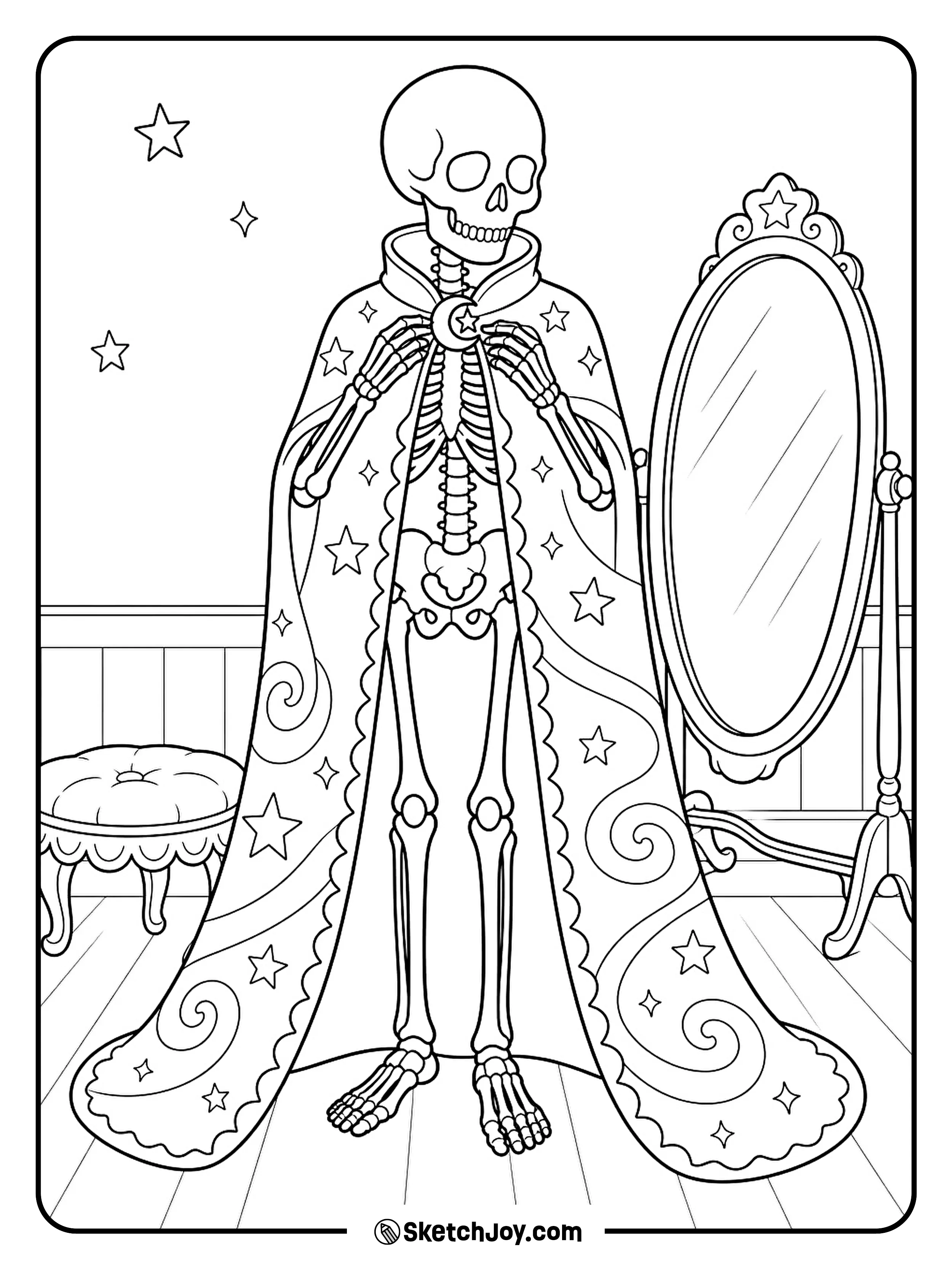 A skeleton fastens a moon clasp on a cape covered in stars and swirling lines.