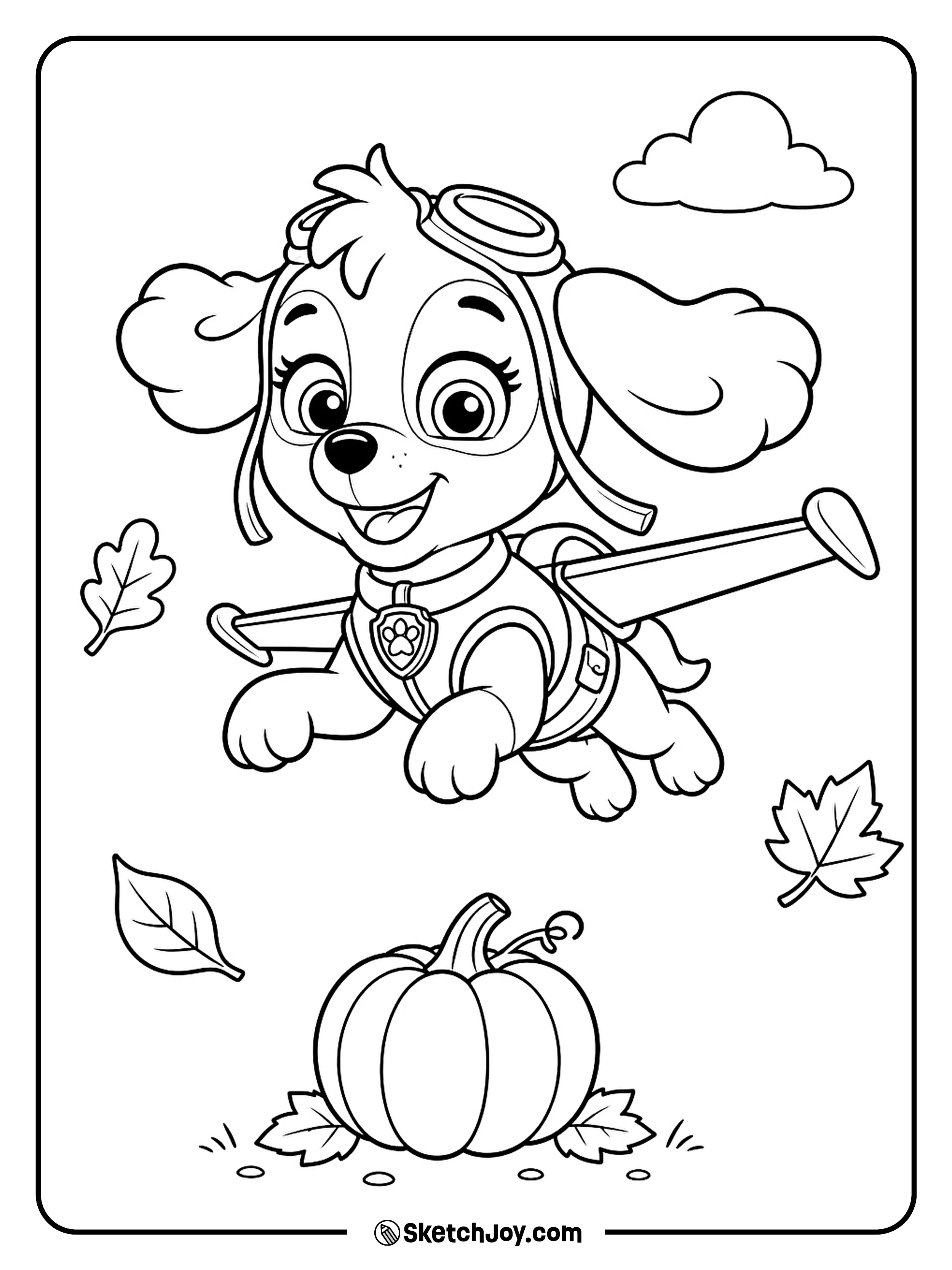 Skye flies above falling leaves with a bright smile.