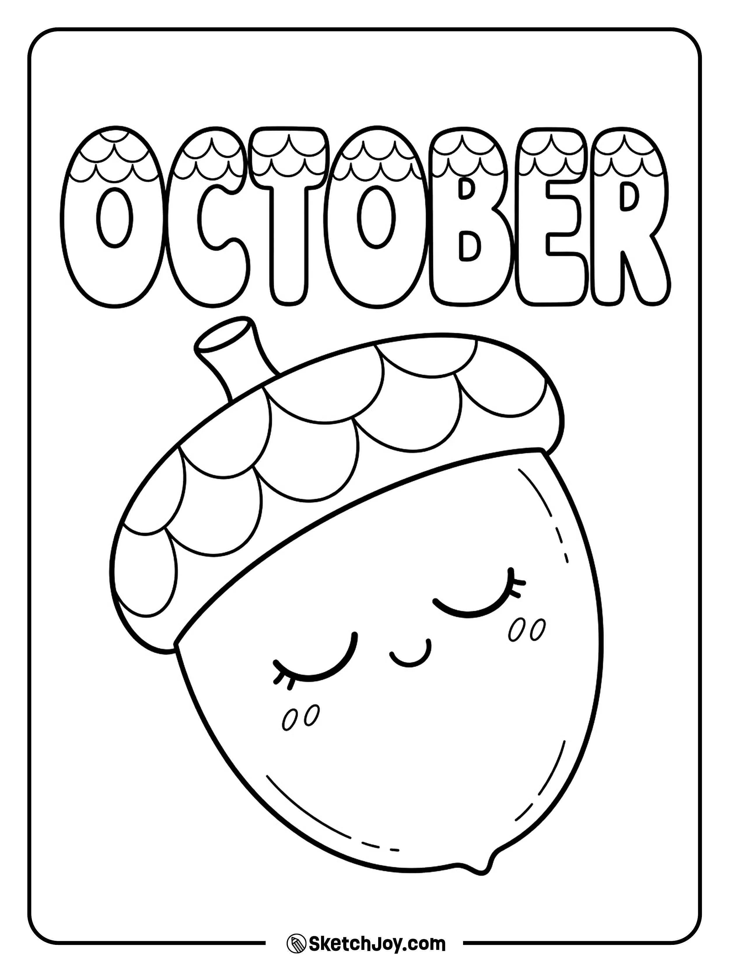 A sleepy acorn leans its large cap to one side and gives a tiny smile.