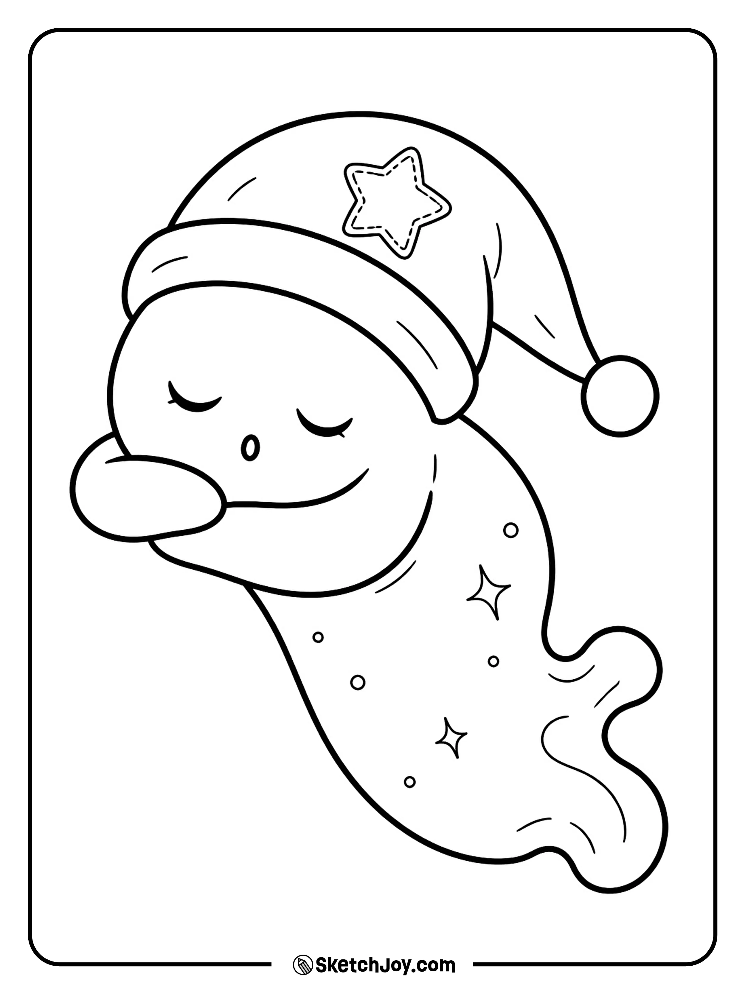 A sleepy ghost curls its tail and tucks its head into a nightcap.