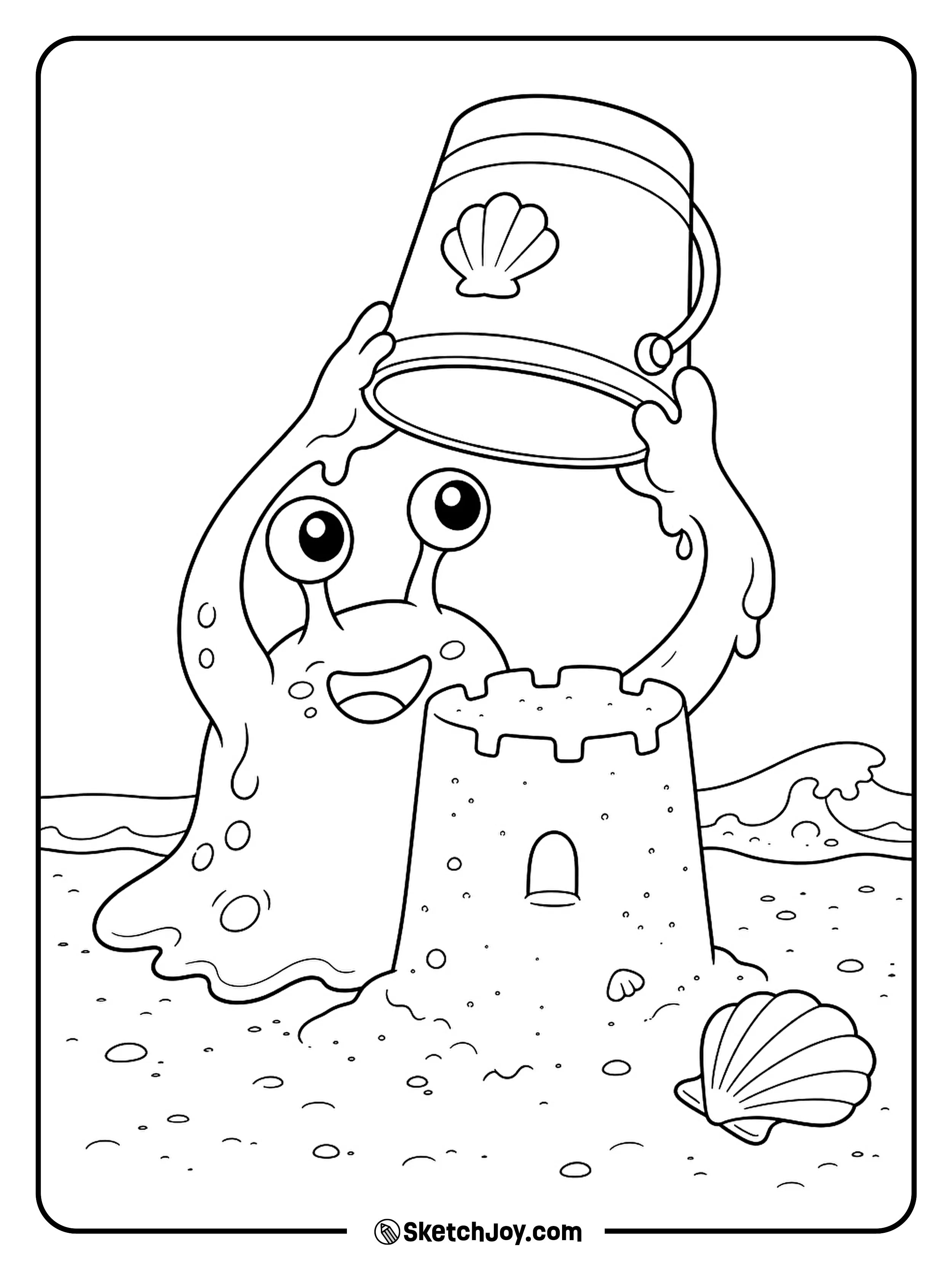 A smiling slime monster lifts a bucket to reveal a tiny sandcastle.