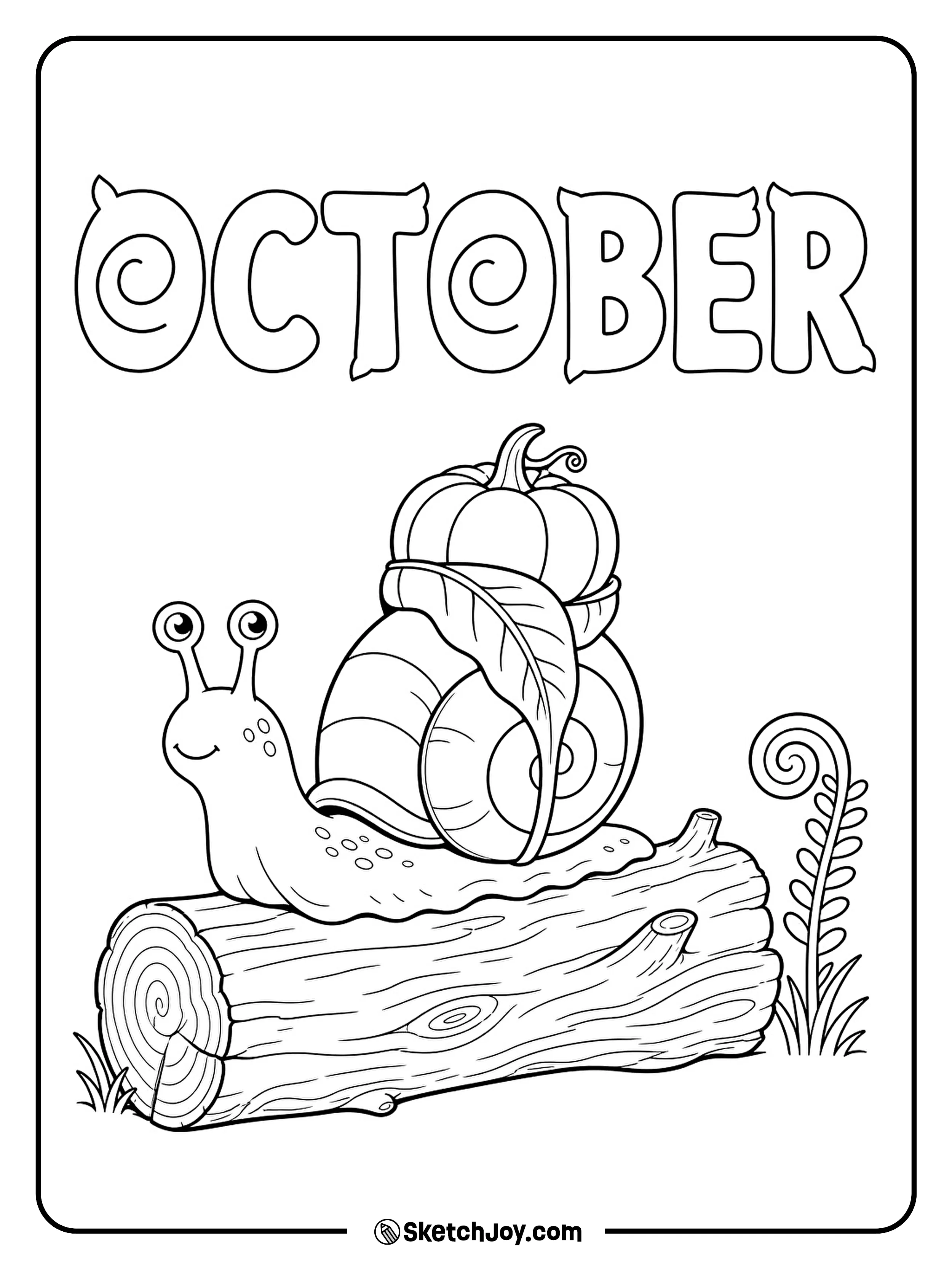 A snail carries a tiny pumpkin on its shell while crossing a short fallen log.