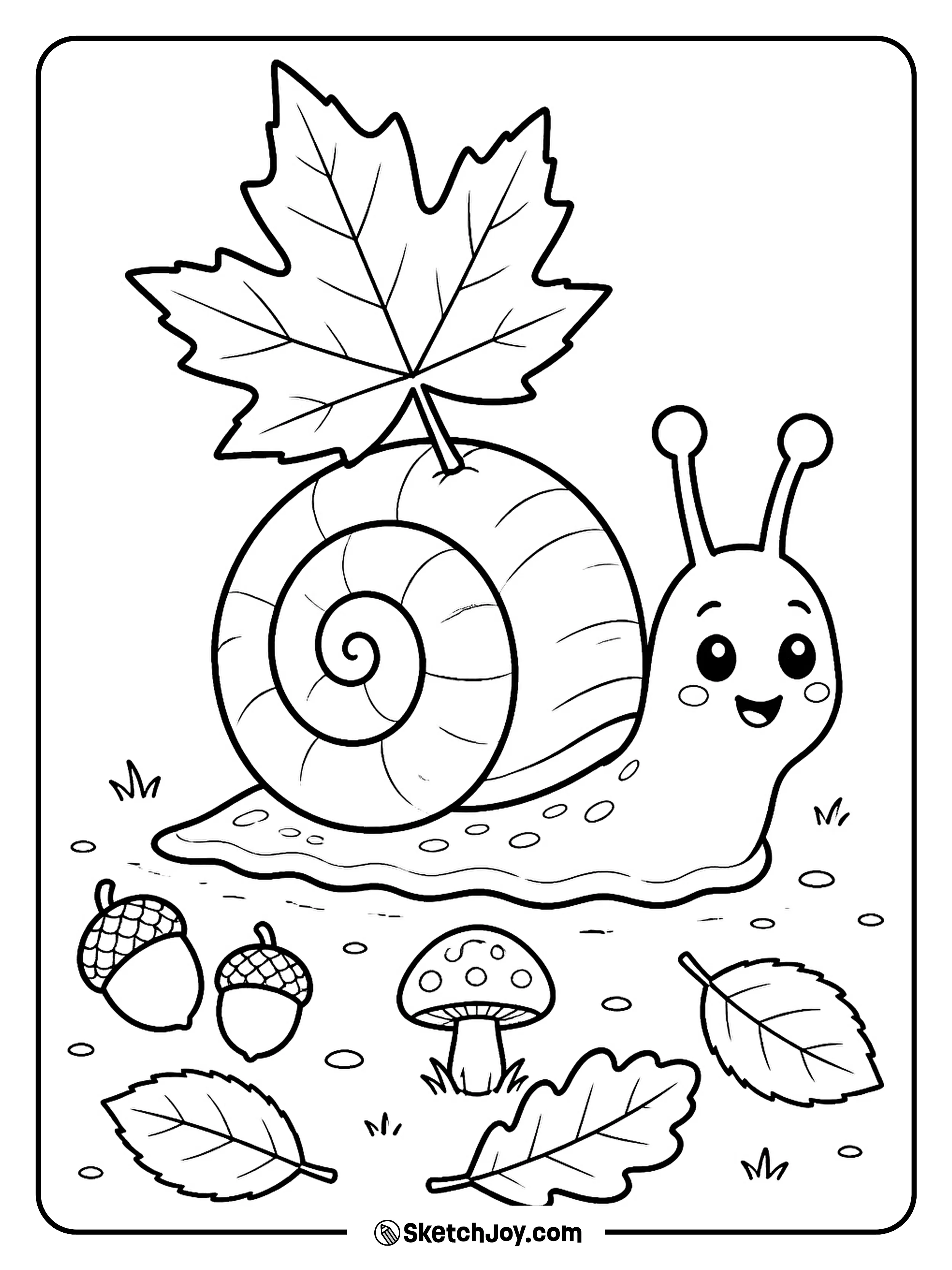 A cheerful snail carries a big leaf as it moves across the forest floor.