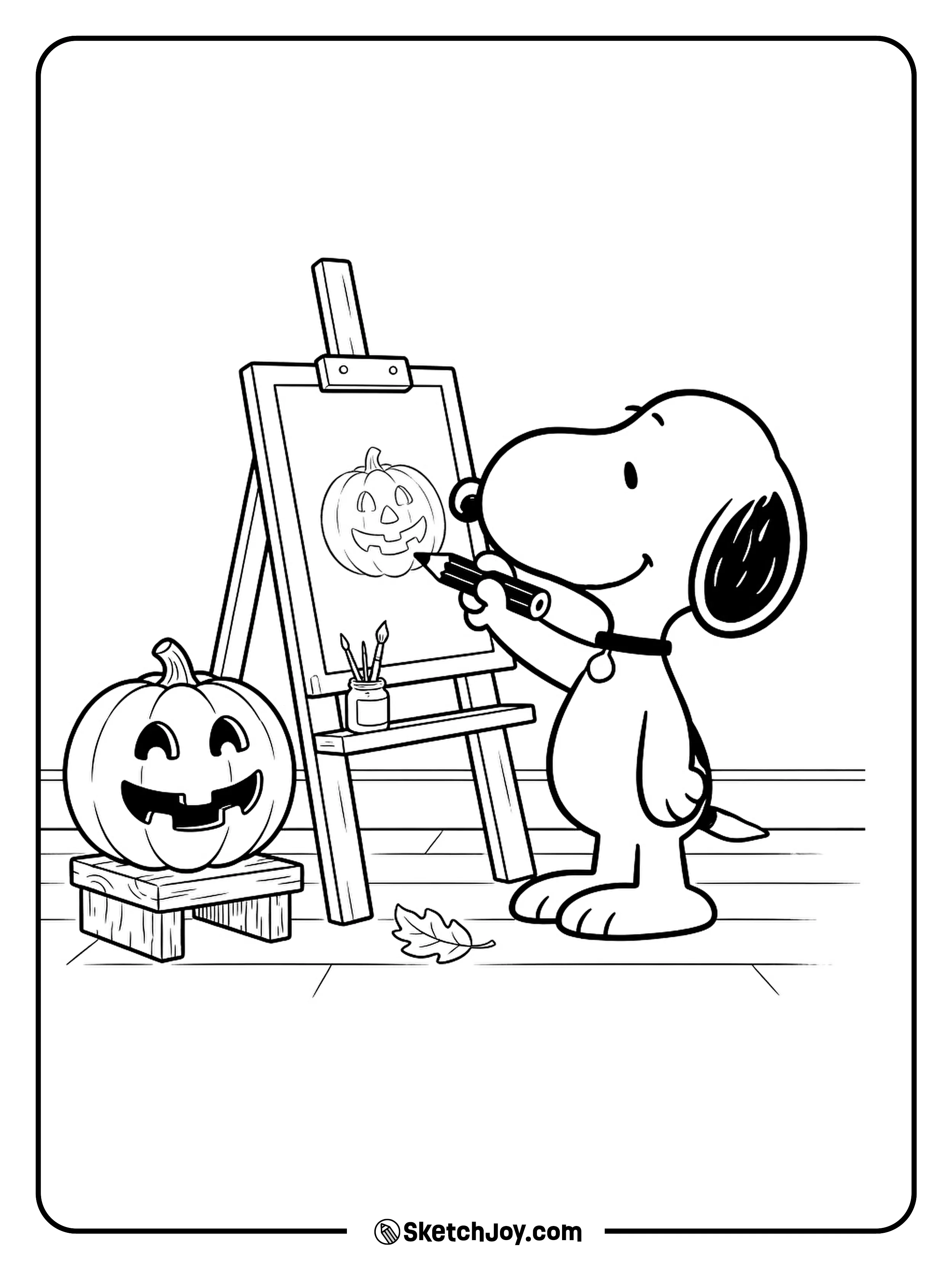 Snoopy draws a cheerful pumpkin that poses on a wooden block.