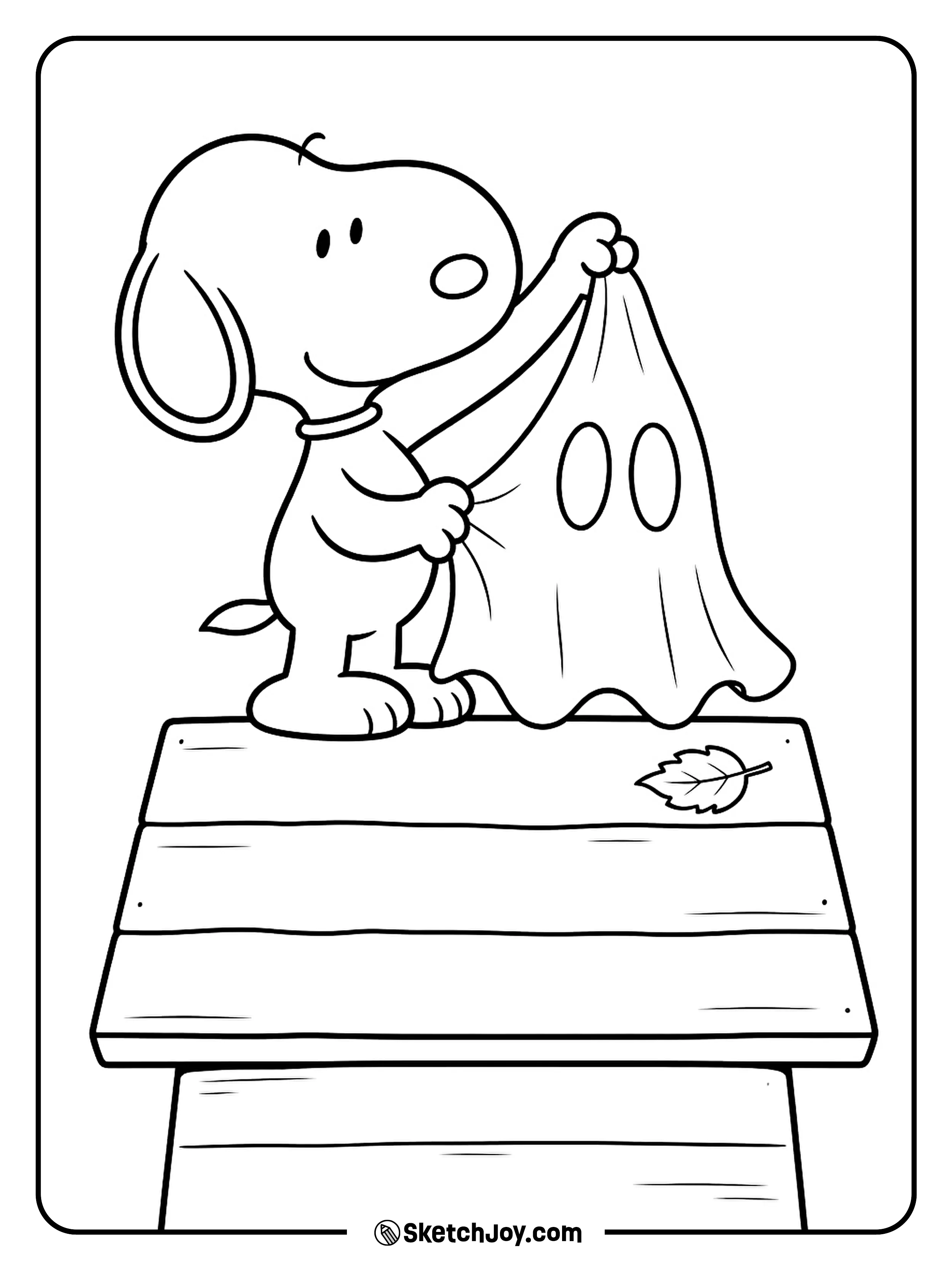 Snoopy lifts the edge of his ghost costume while standing on his doghouse.