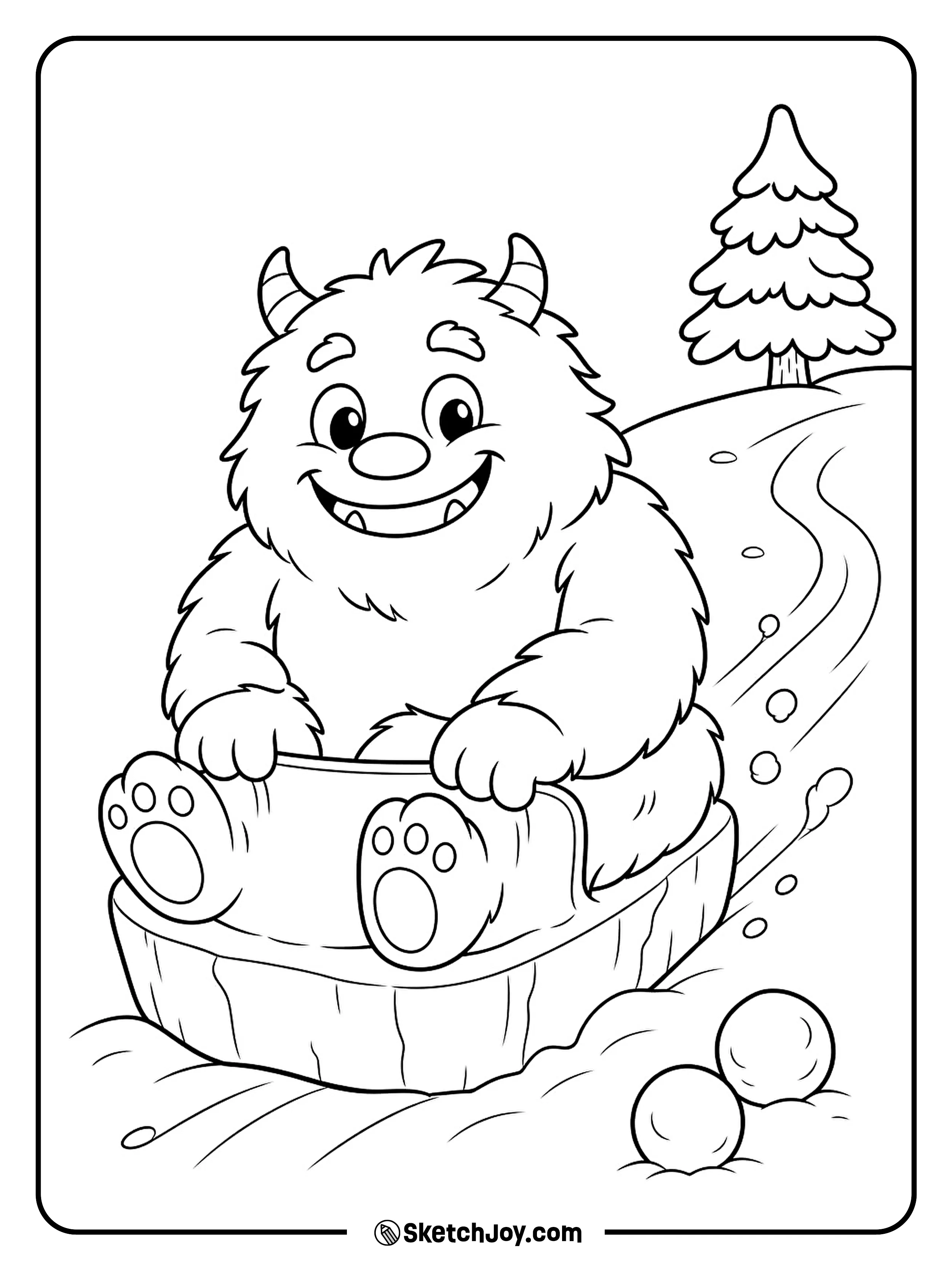 A fluffy snow monster slides down a small hill on a smooth block of ice.
