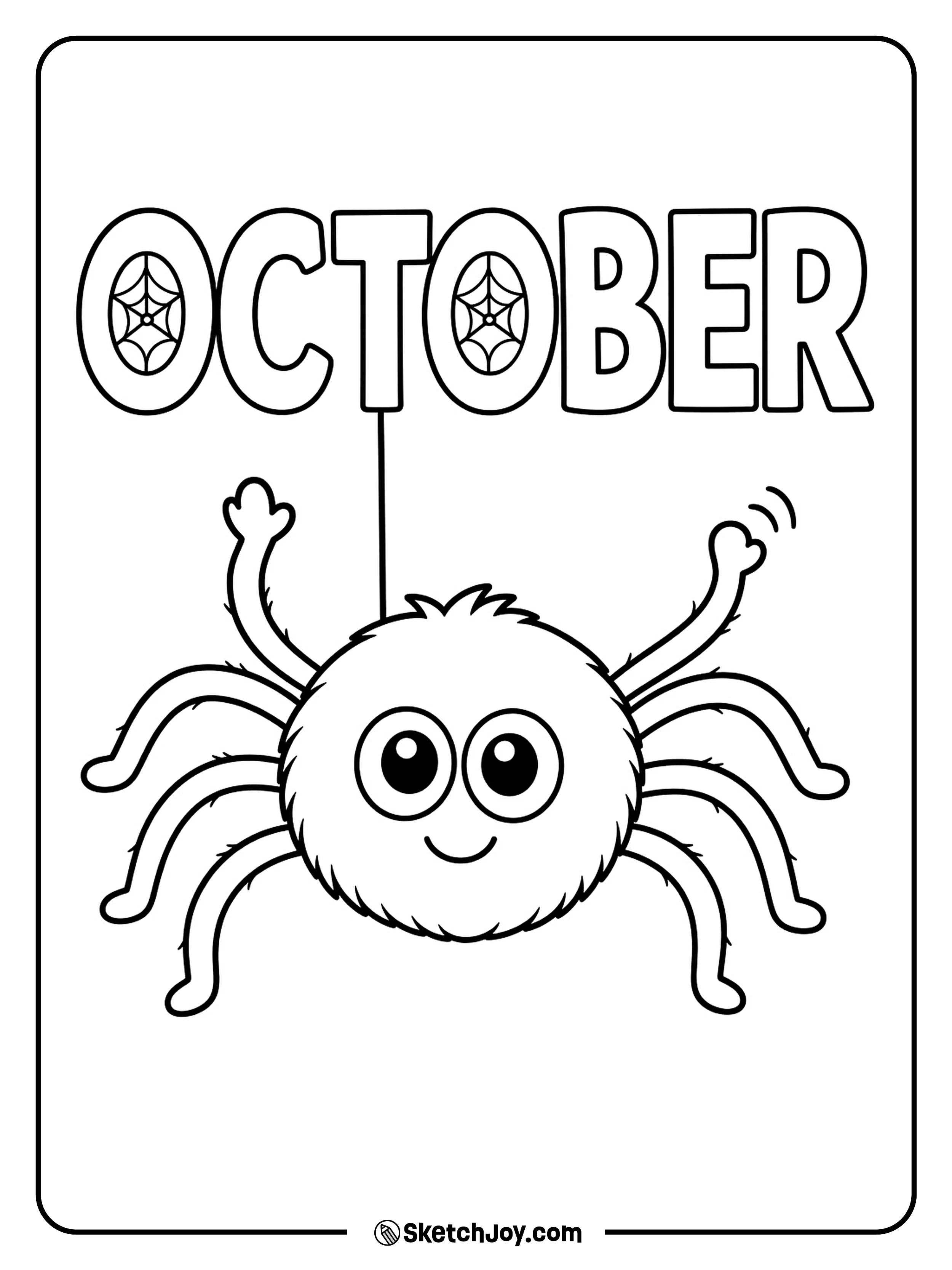 A cheerful spider waves two legs while hanging from the October lettering.