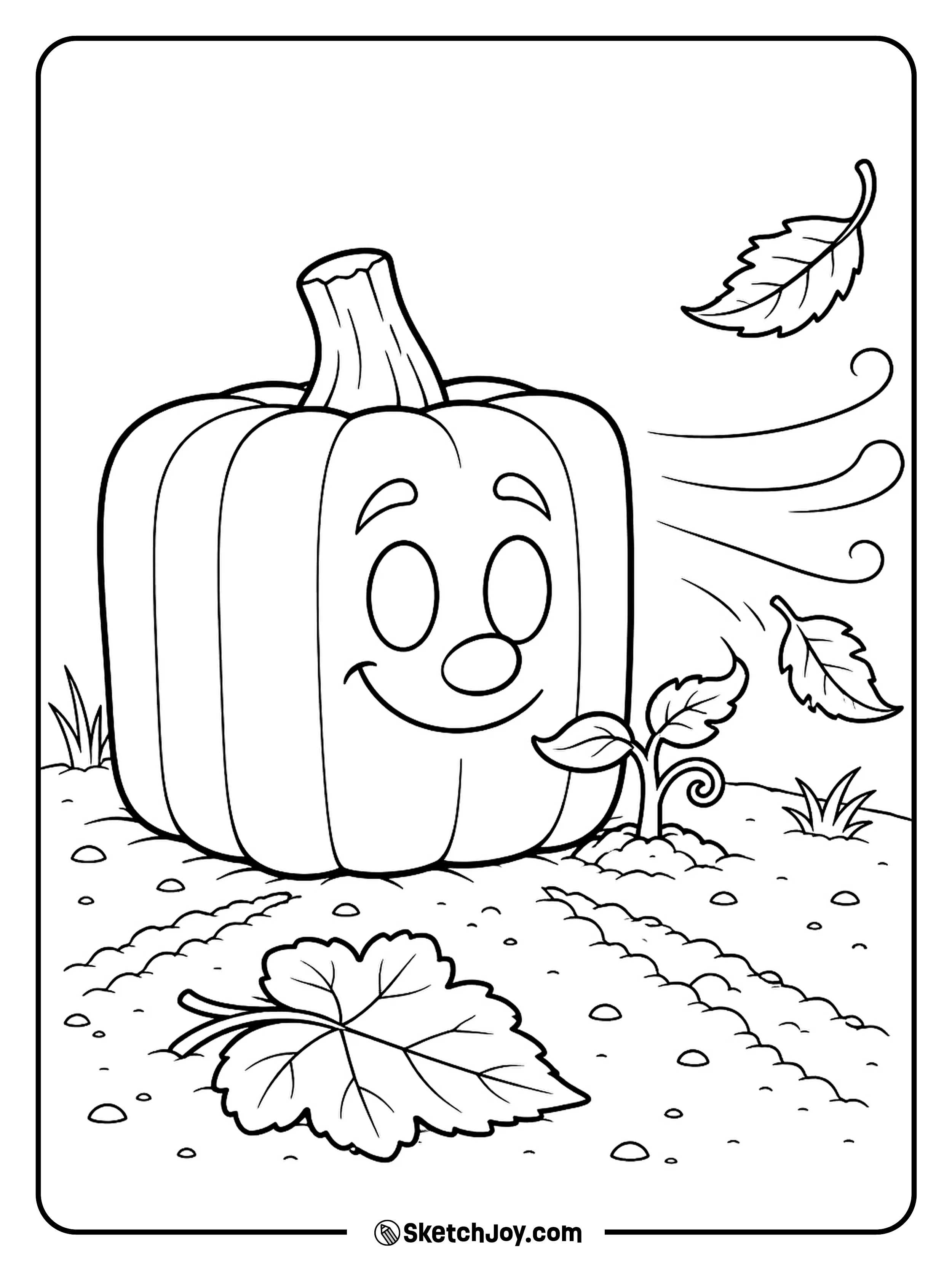 Spookley blocks a gust of wind to protect a tiny pumpkin sprout.