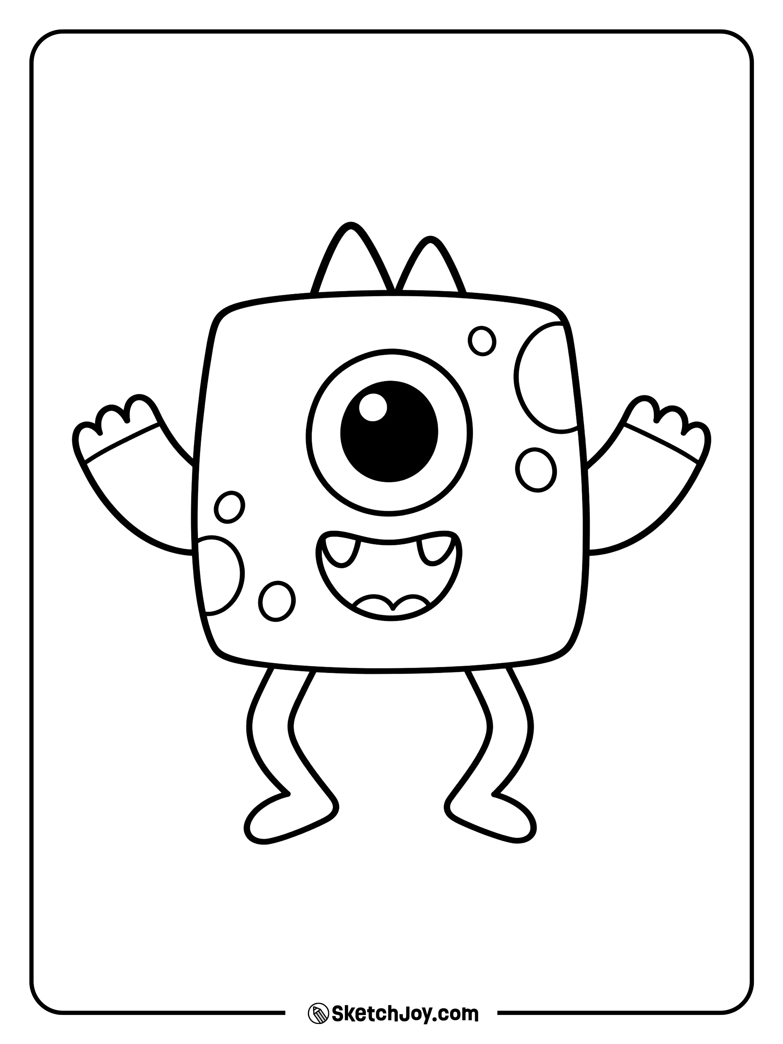 A spotted cyclops raises both hands with a wide smile and bent knees.