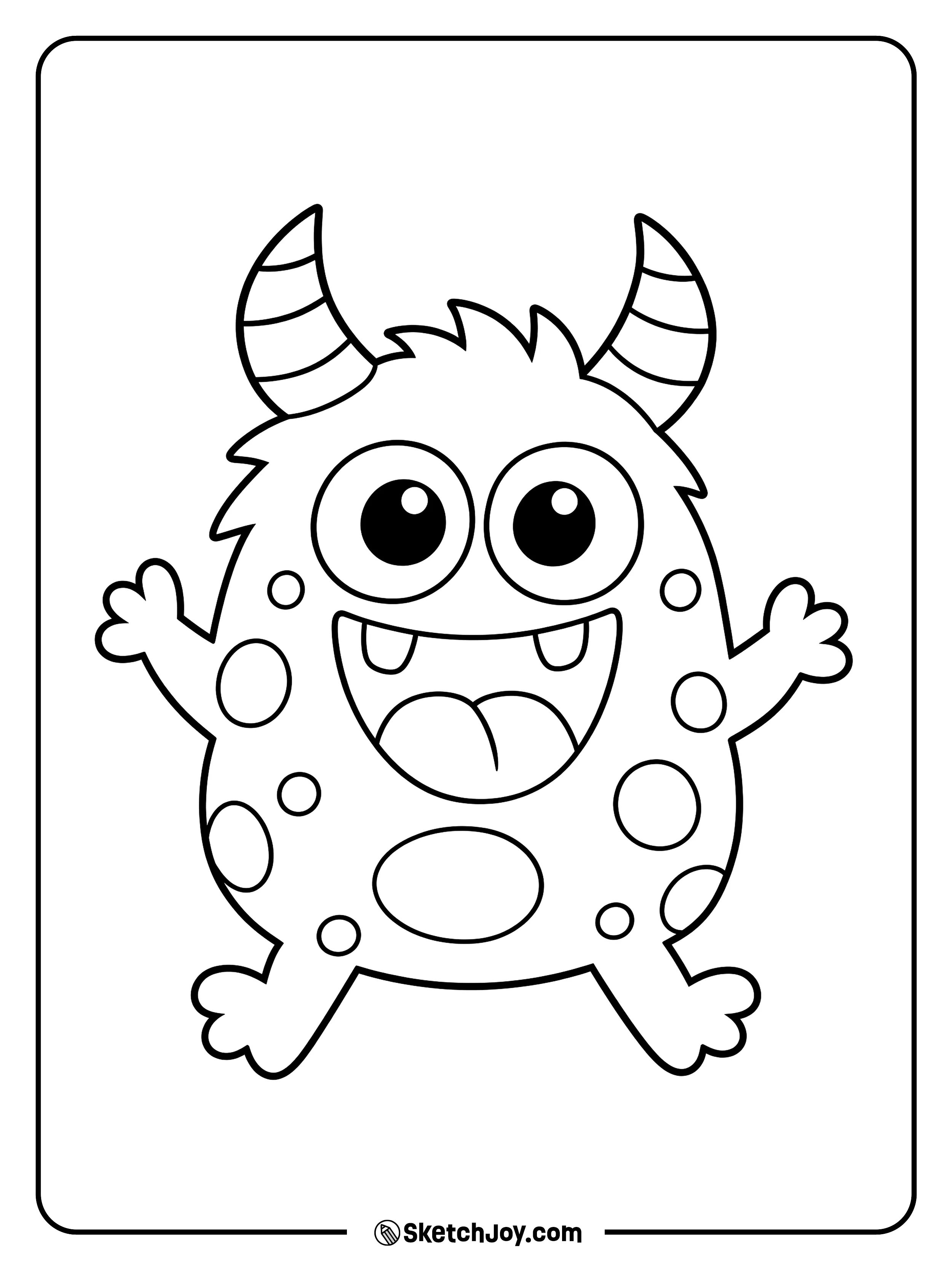 With arms spread wide, a spotted monster shows two teeth in a huge grin.